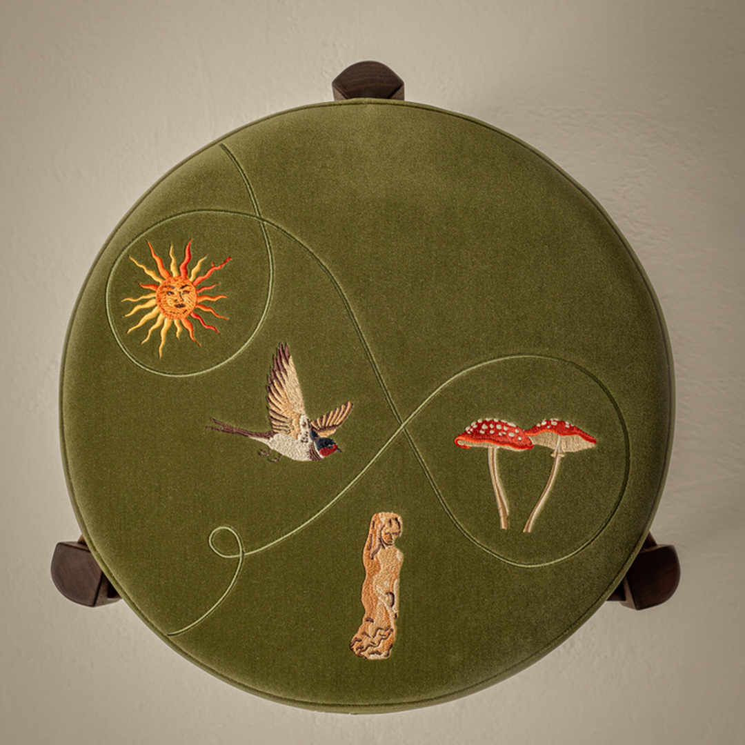 Bespoke machine embroidered stool for Uncommon Ancestor