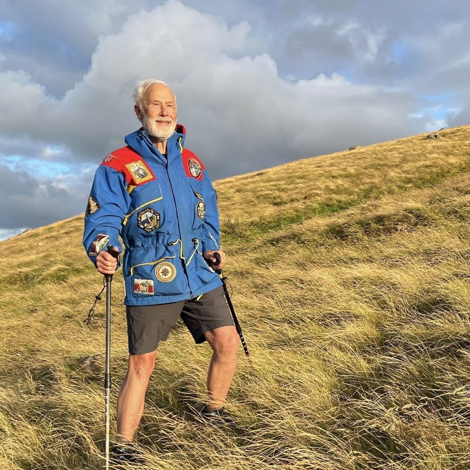 Sir Chris Bonington wearing his customised vintage Berghaus Trango jacket with embroidered badges by Hand & Lock