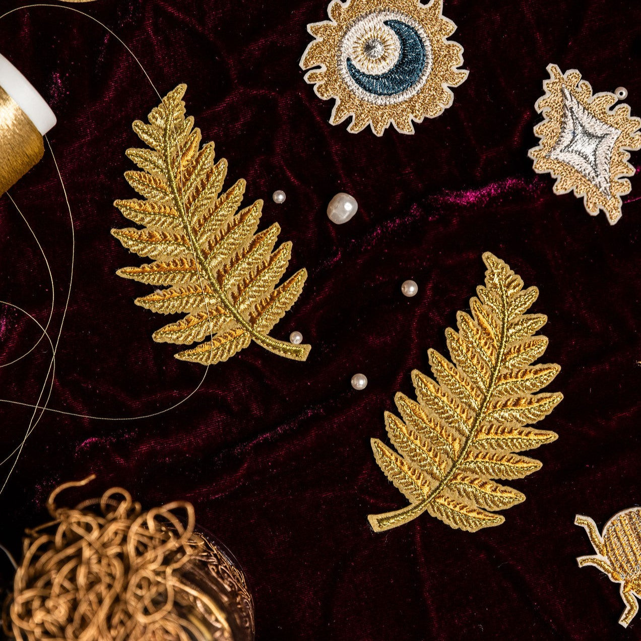 Classic Machine Embroidered Patch Collection - Golden Fern Leaf Pair