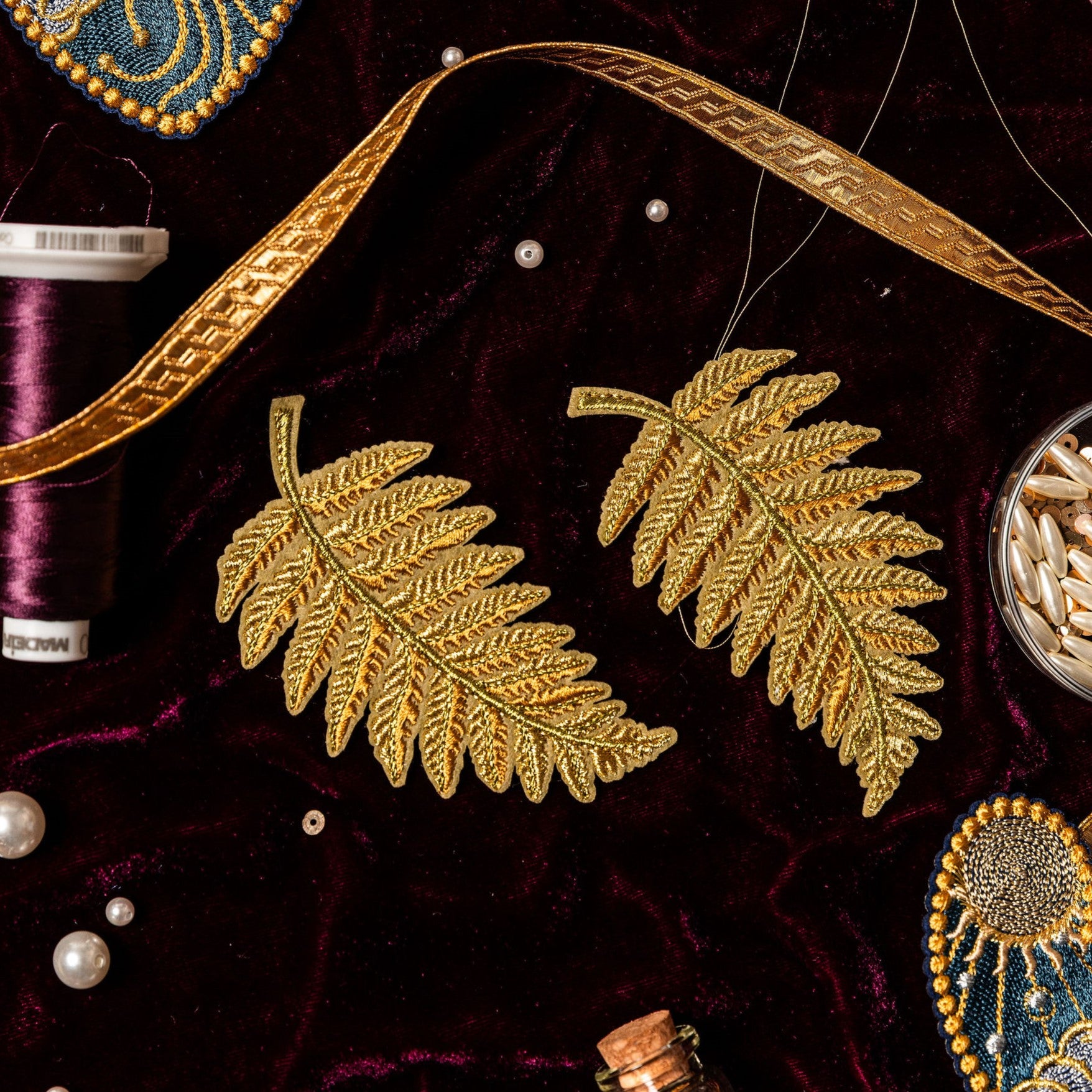 Classic Machine Embroidered Patch Collection - Golden Fern Leaf Pair