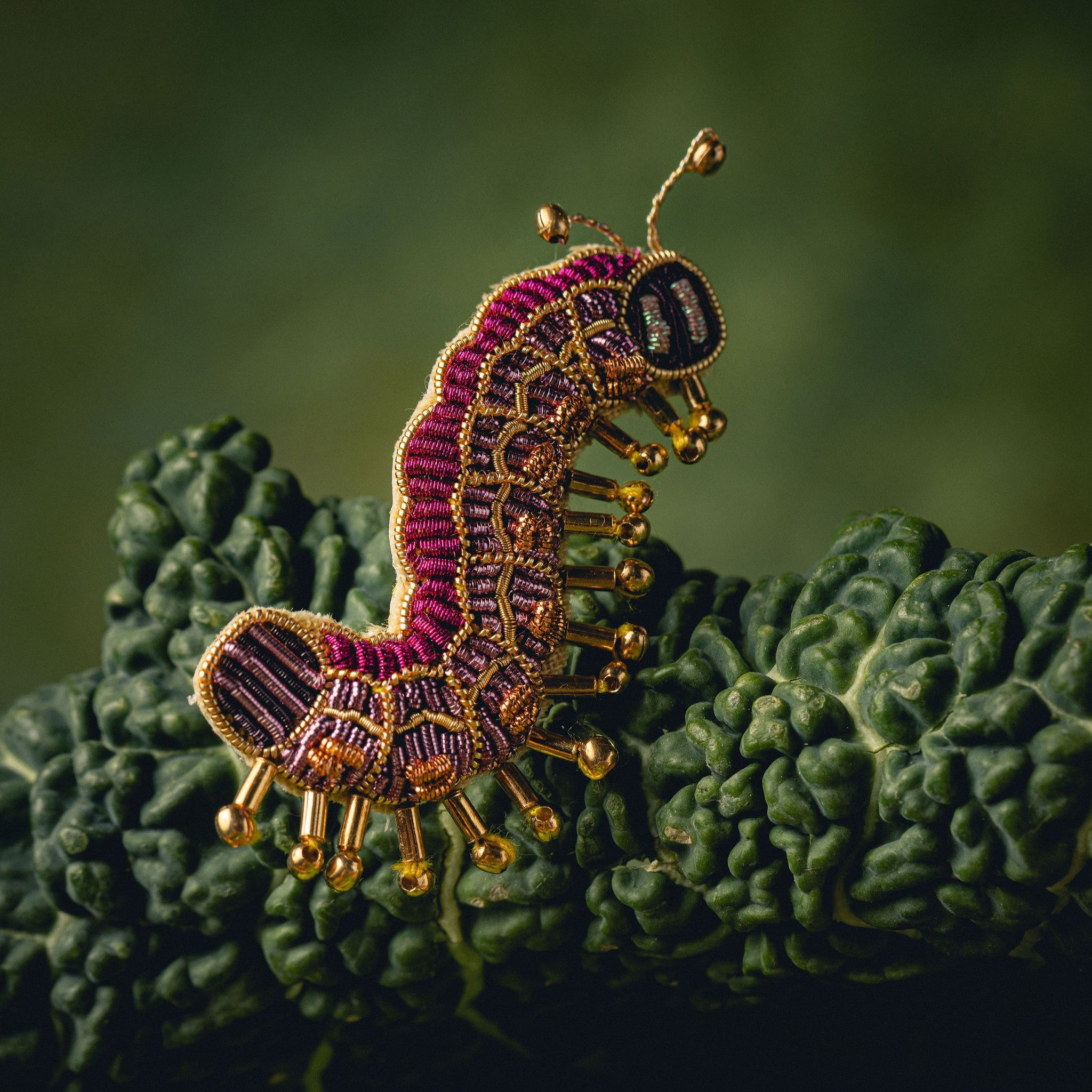 Colette the Caterpillar Brooch - Hand Embroidered caterpillar brooch on a cabbage leaf