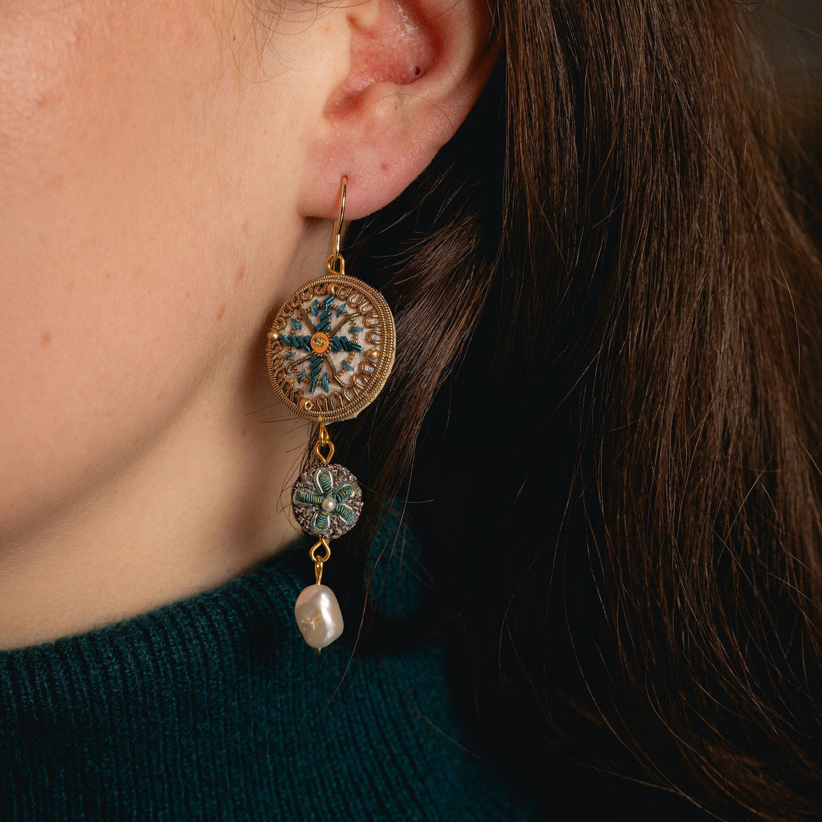 Compass Hand Embroidered Earrings