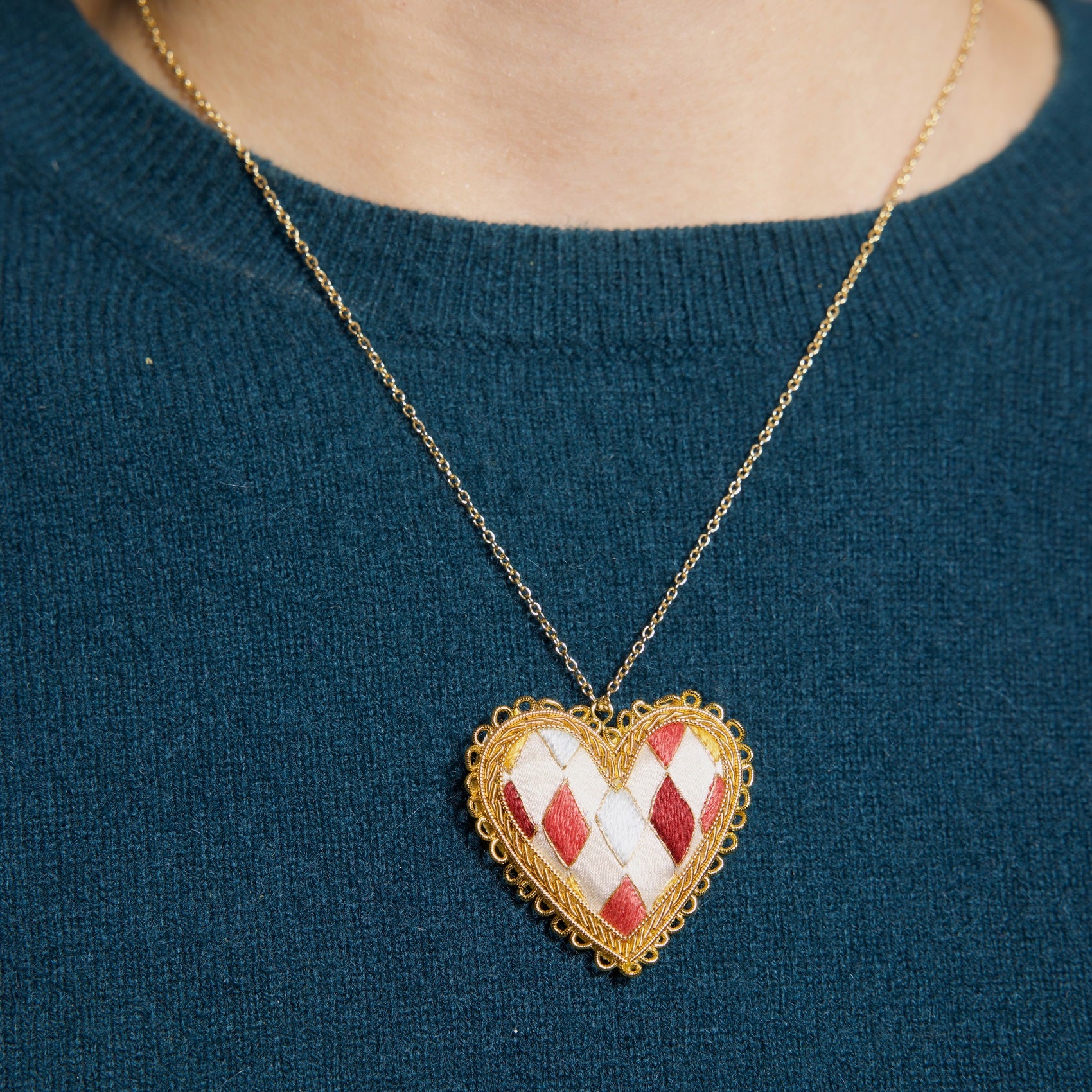 Fairy Tale Collection - Hand Embroidered Harlequin Heart Necklace