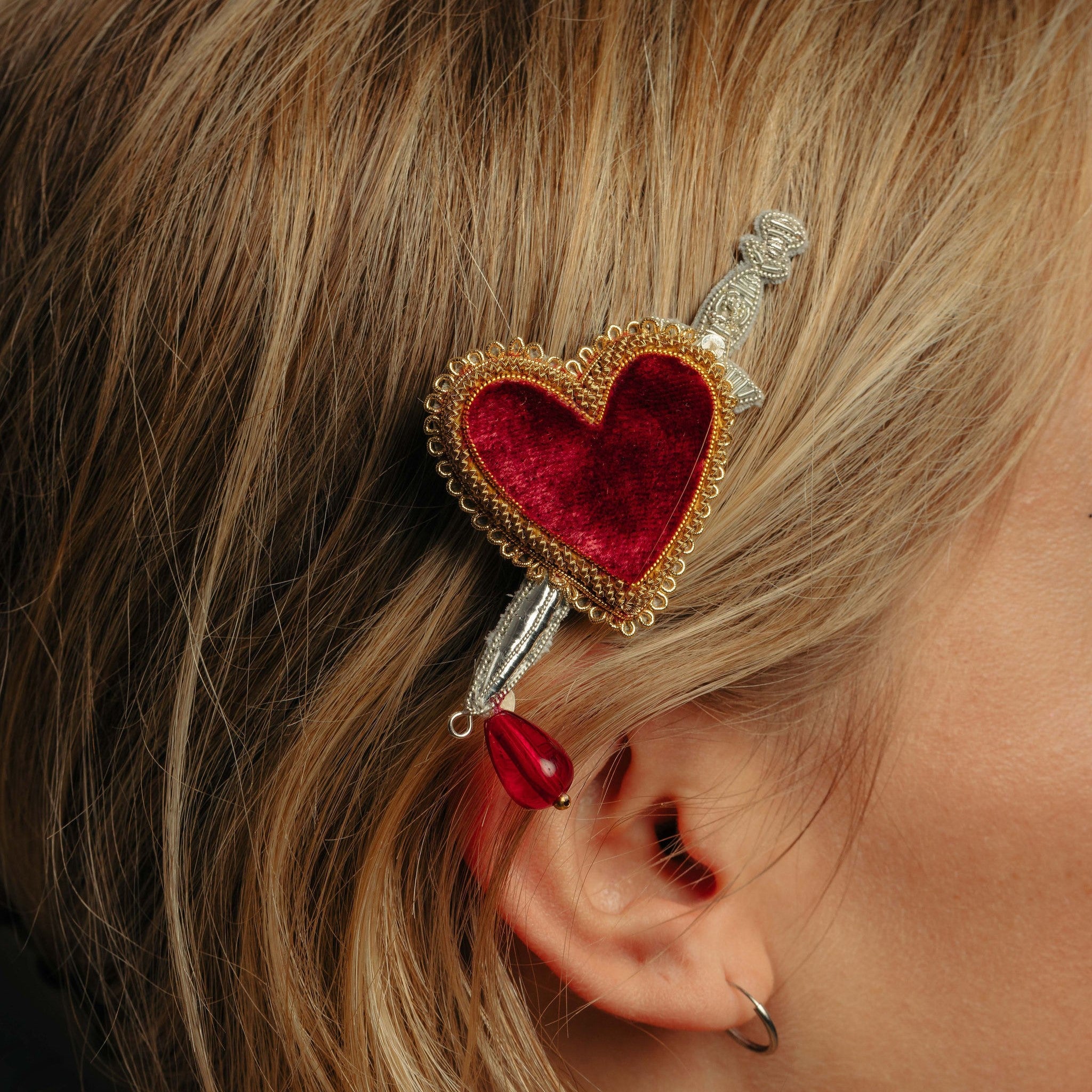 Fairytale Collection - Hand Embroidered Heart and Dagger Hair Clip