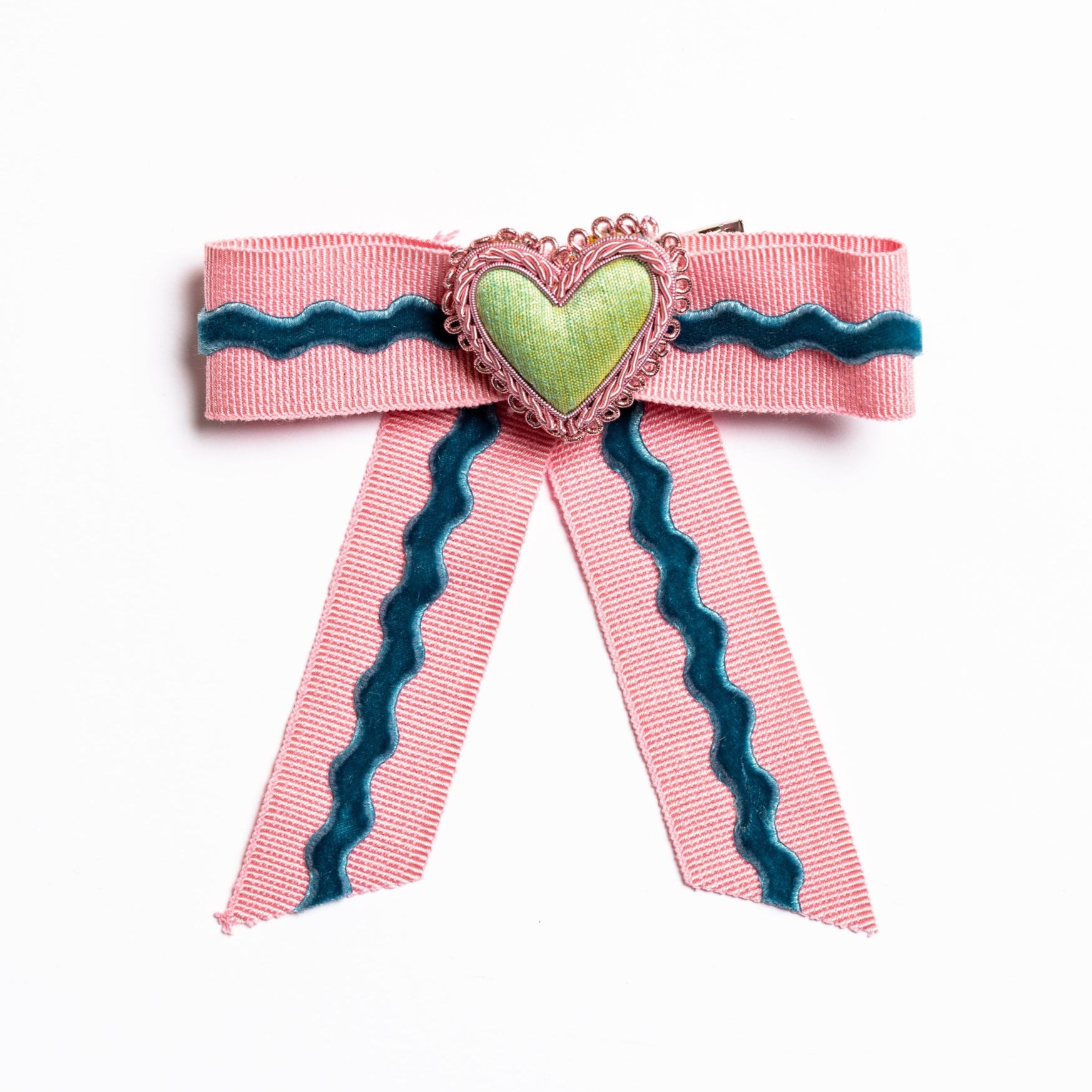 Floral Anthology - Pink and Green Dupion Heart Hair Bow