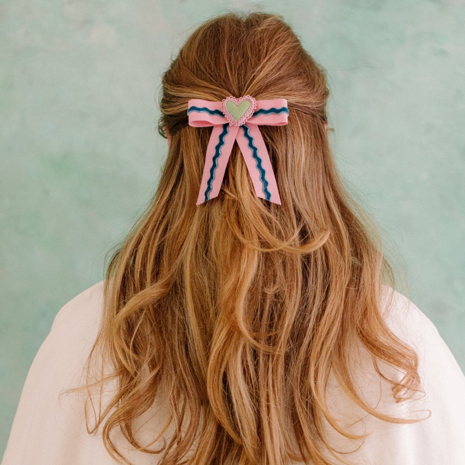 Floral Anthology - Pink and Green Dupion Heart Hair Bow