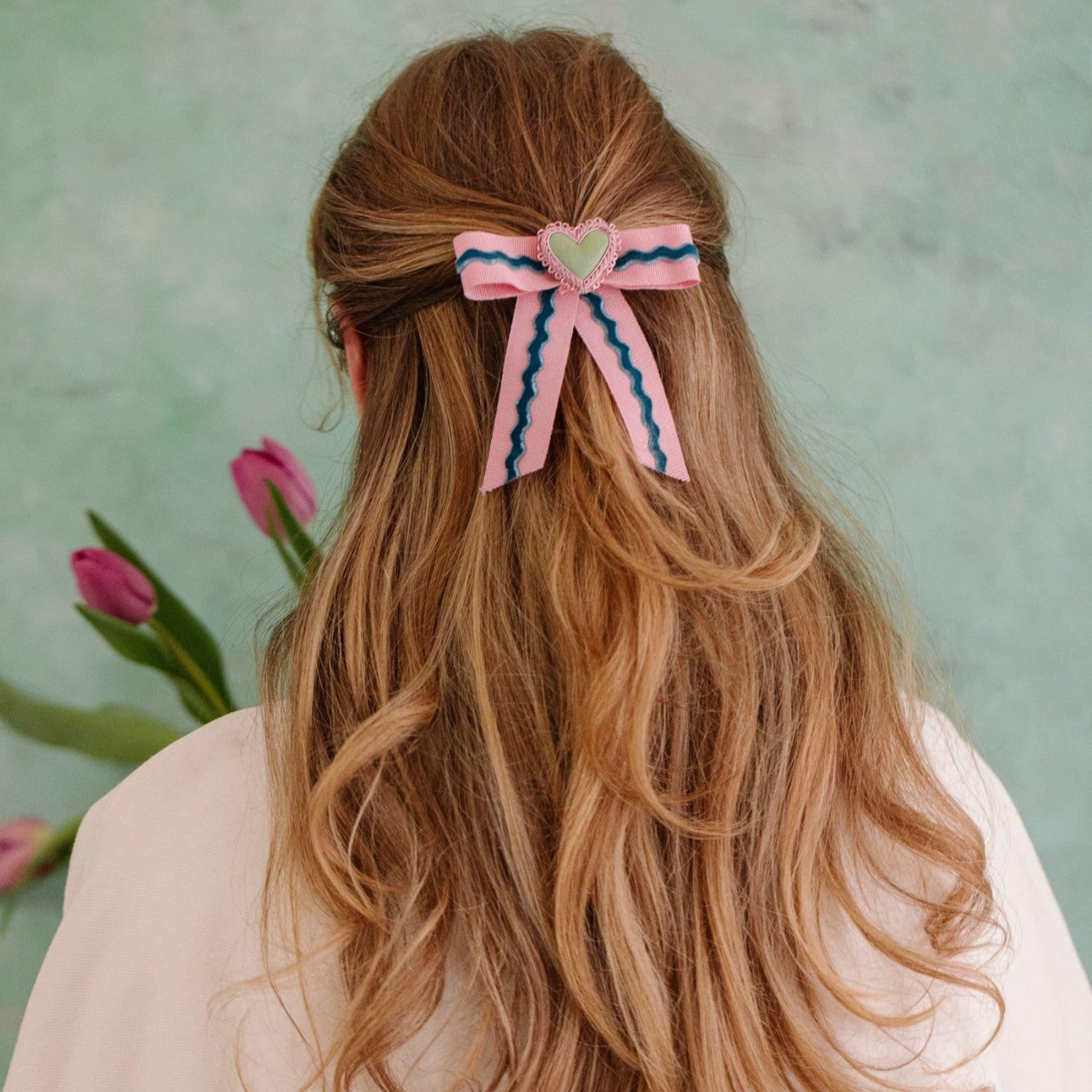 Floral Anthology - Pink and Green Dupion Heart Hair Bow