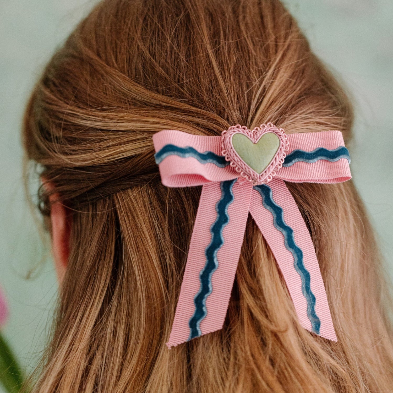 Floral Anthology - Pink and Green Dupion Heart Hair Bow