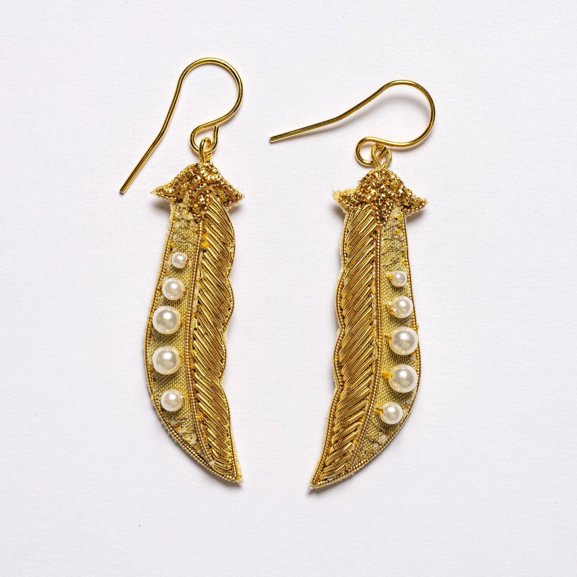Golden Pea Earrings - Hand Embroidered earrings on a white background