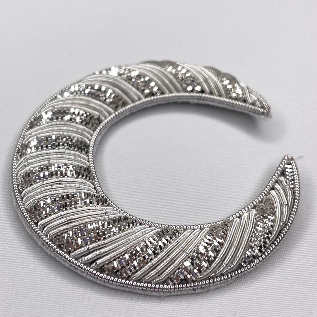 Hand Embroidered Goldwork Crescent Moon in Silver
