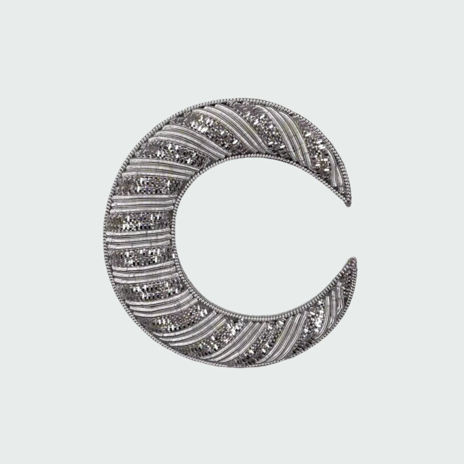 Hand Embroidered Goldwork Crescent Moon in Silver