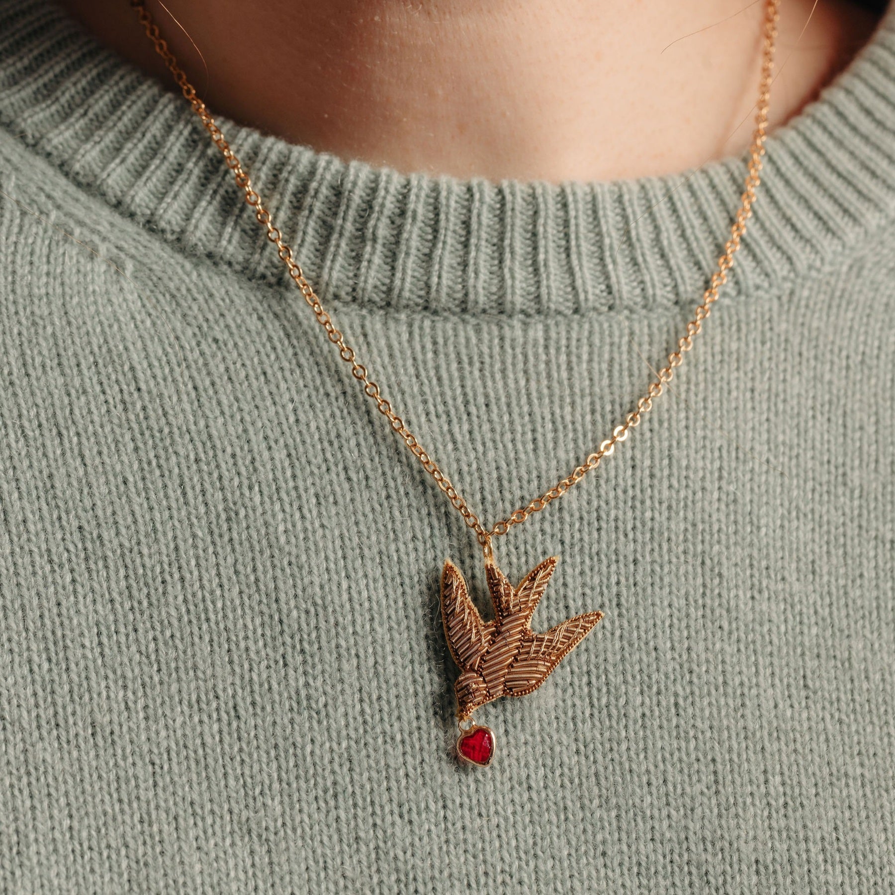 Hand Embroidered Antique Swallow Necklace - Valentines Collection 2026