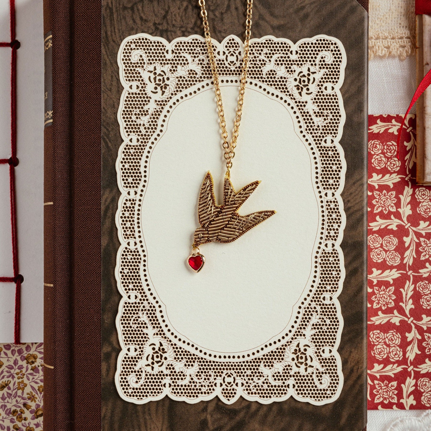 Hand Embroidered Antique Swallow Necklace - Valentines Collection 2026