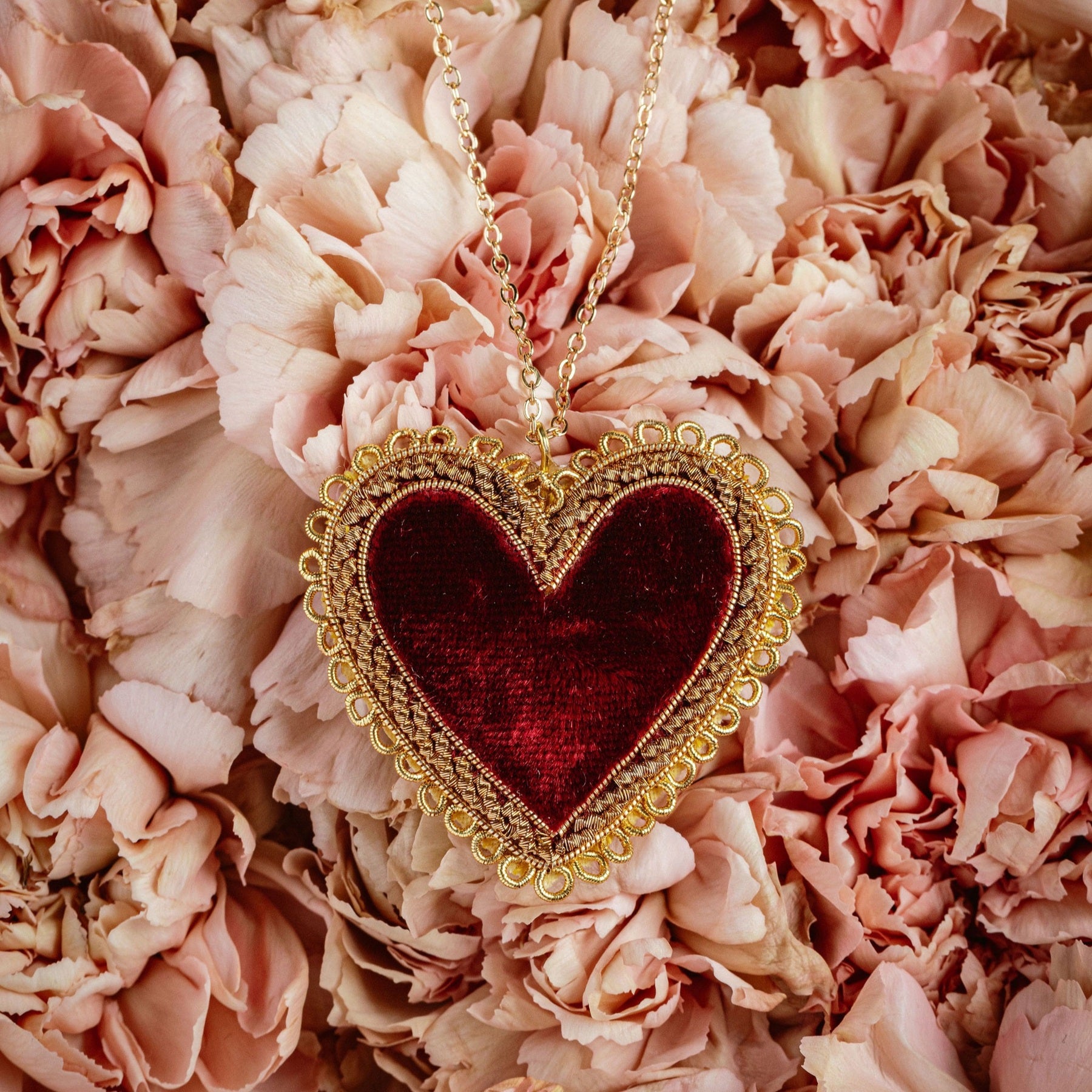 Hand Embroidered Red Ruby Heart Necklace - Valentines Collection 2026