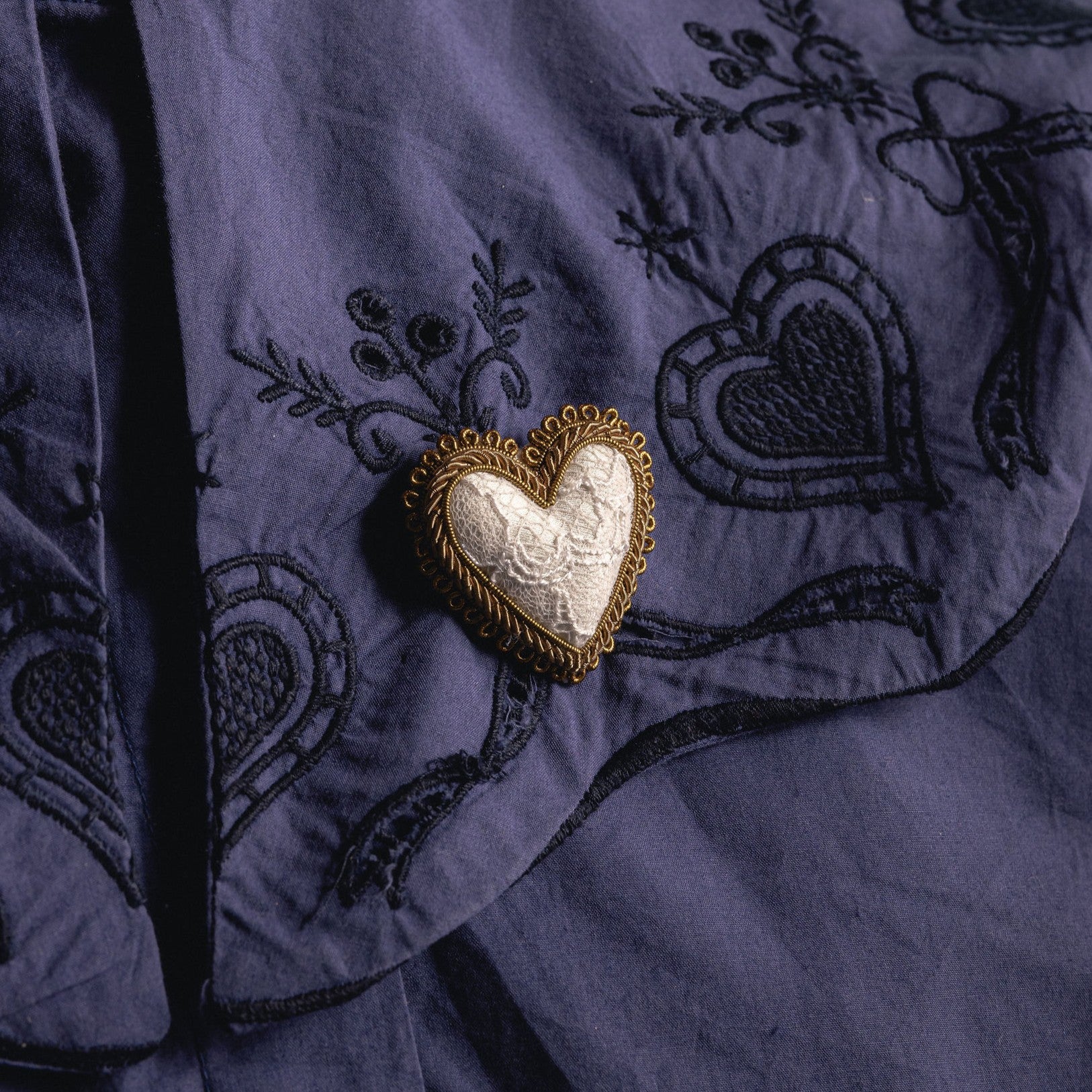 Hand Embroidered White Lace Heart Brooch - Valentines Collection 2026