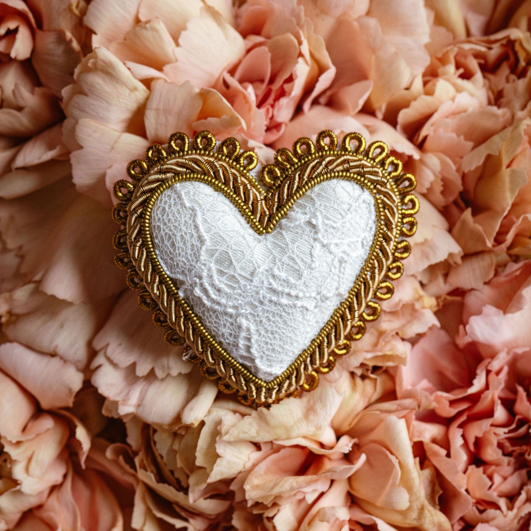Hand Embroidered White Lace Heart Brooch - Valentines Collection 2026