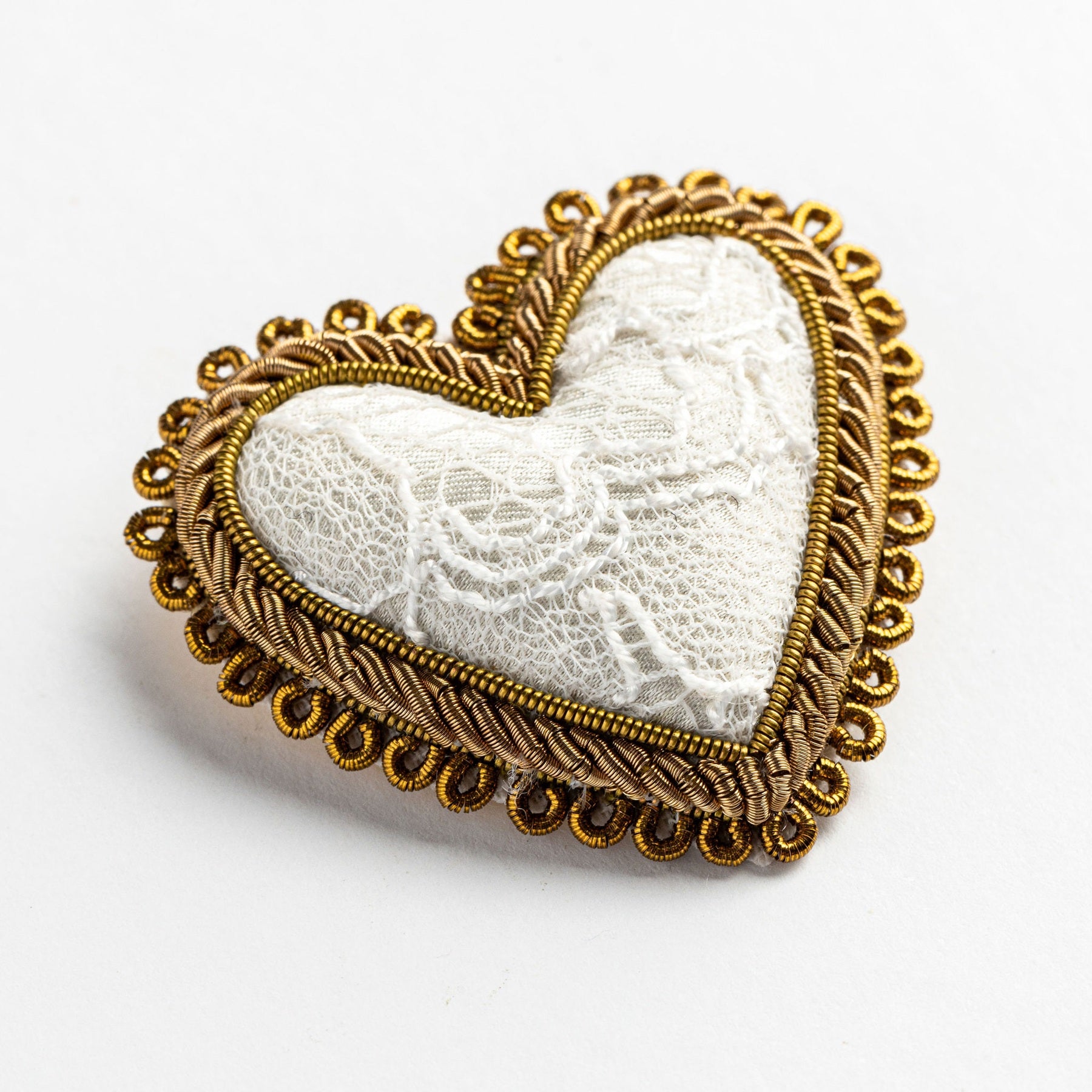 Hand Embroidered White Lace Heart Brooch - Valentines Collection 2026