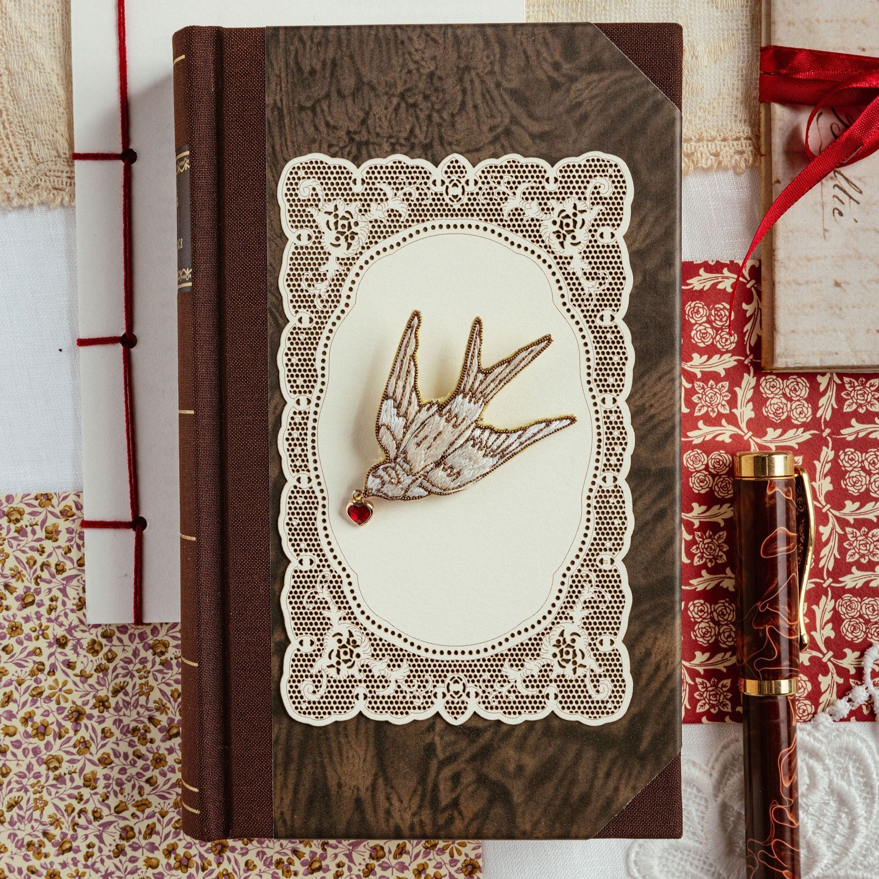 Hand Embroidered White Swallow Bird Brooch - Valentines Collection 2026