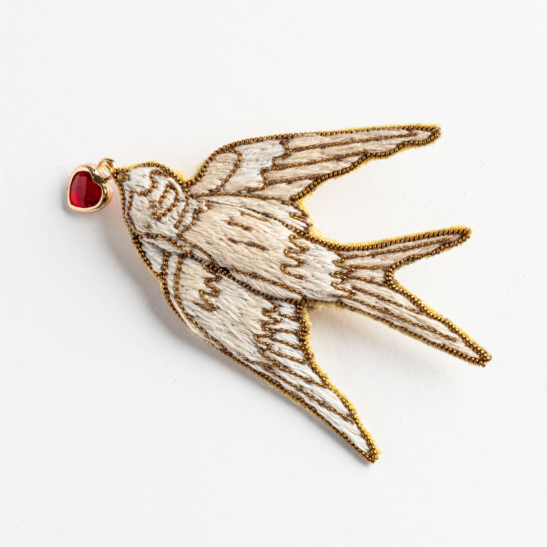 Hand Embroidered White Swallow Bird Brooch - Valentines Collection 2026
