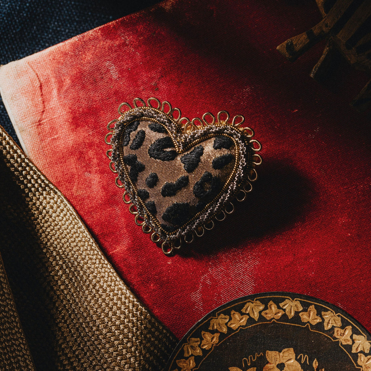 Leopard Print Heart Hand Embroidered Brooch