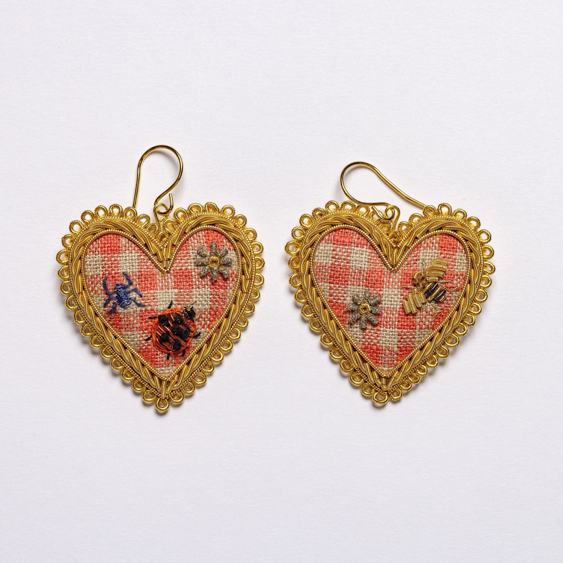 Picnic Heart Earrings - Hand Embroidered heart earrings on a white background