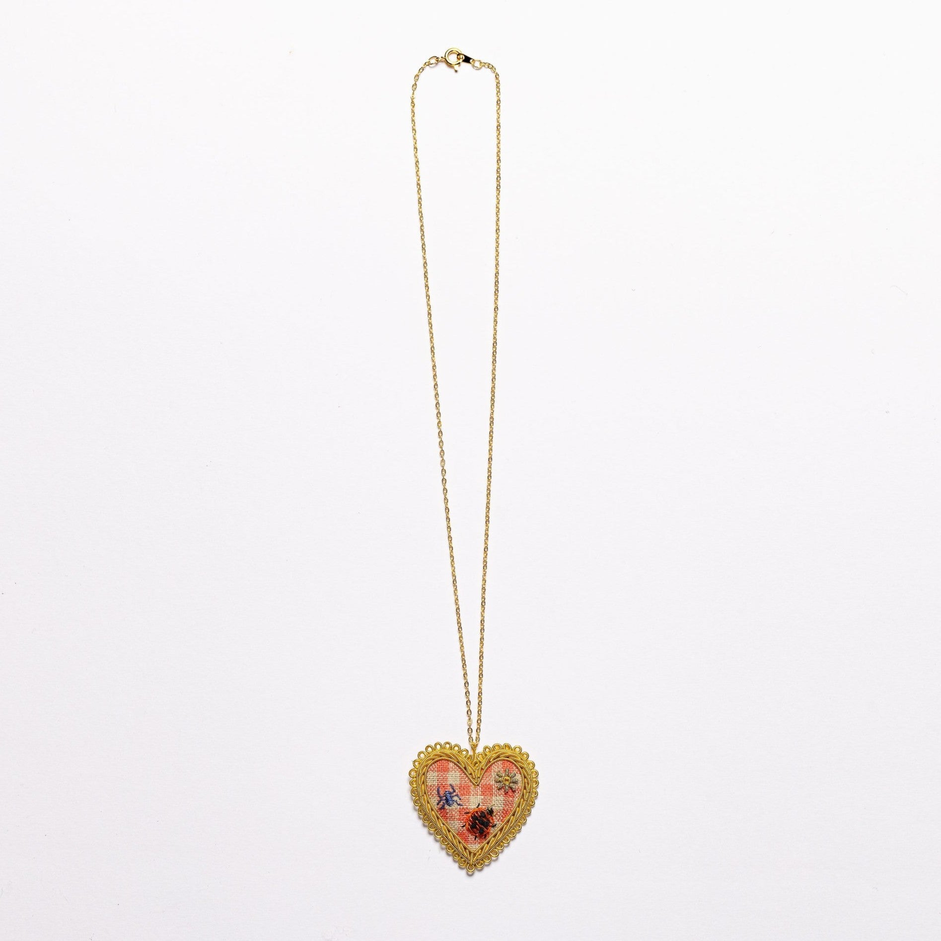 Picnic Heart Necklace - Hand Embroidered necklace shown on a white background