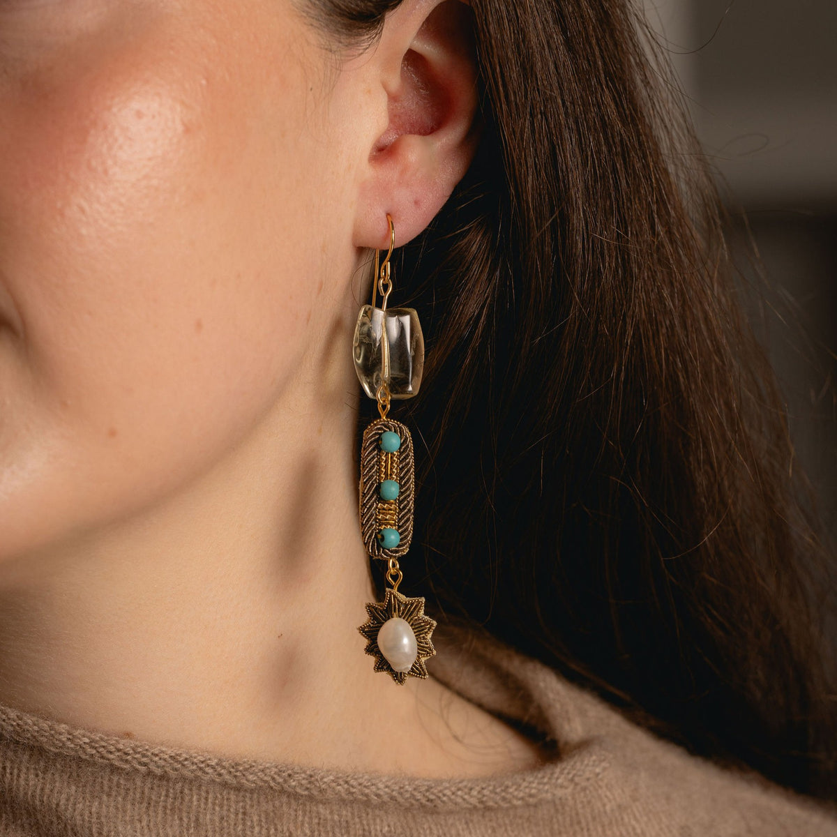 Quartz Charm Hand Embroidered Earrings