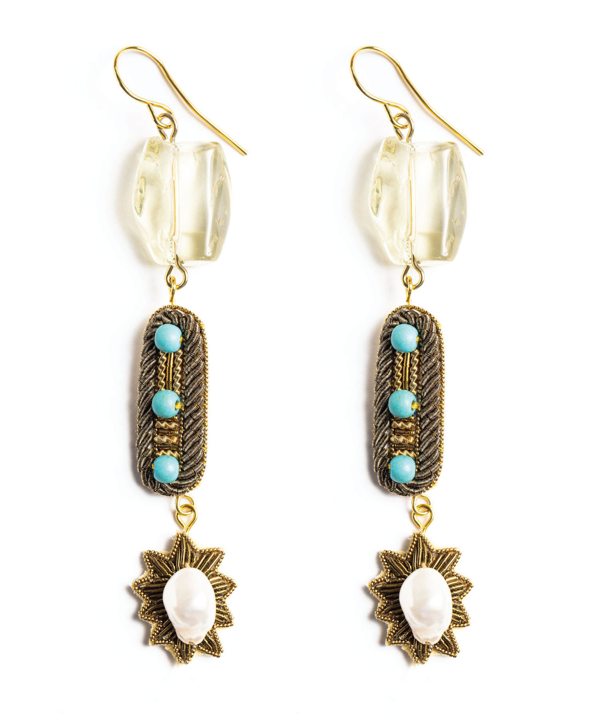 Quartz Charm Hand Embroidered Earrings