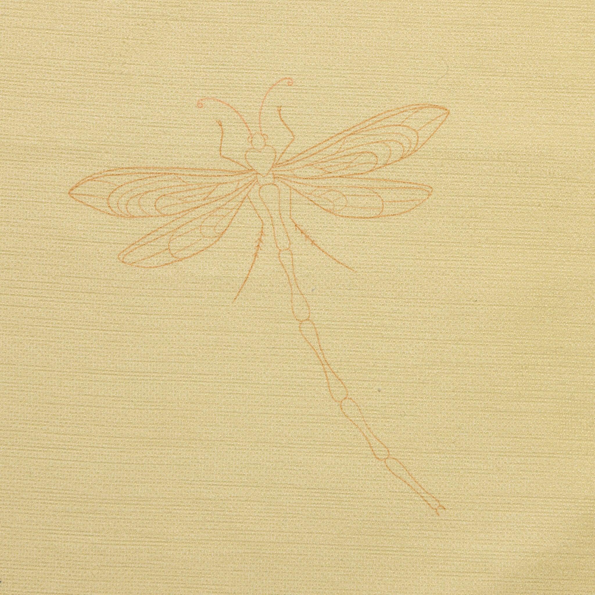 The Dragonfly Kit - Printed line drawing of a dragonfly on yellow fabric
