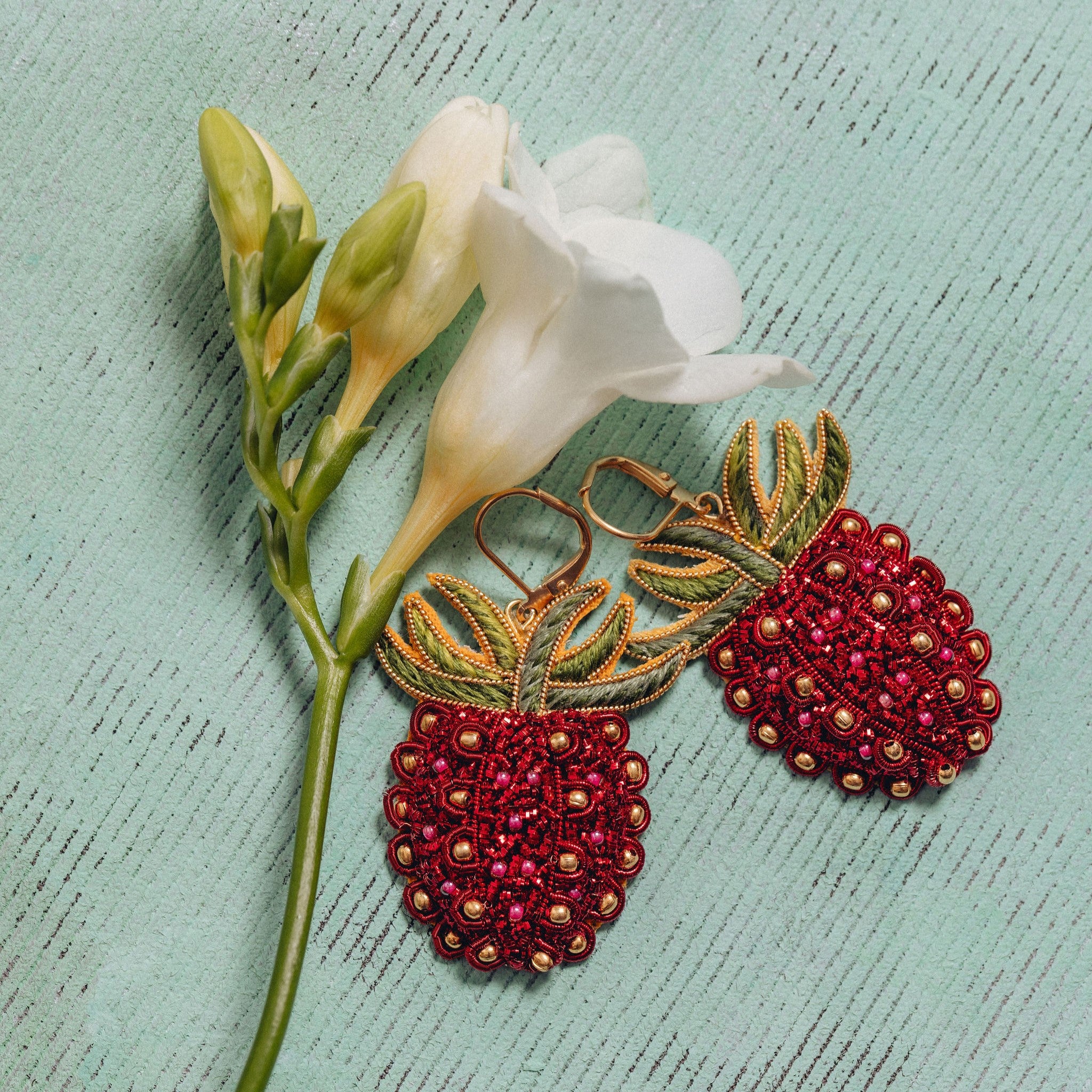 Studio Coverdale Collaboration - Strawberry Embroidered Goldwork Earrings
