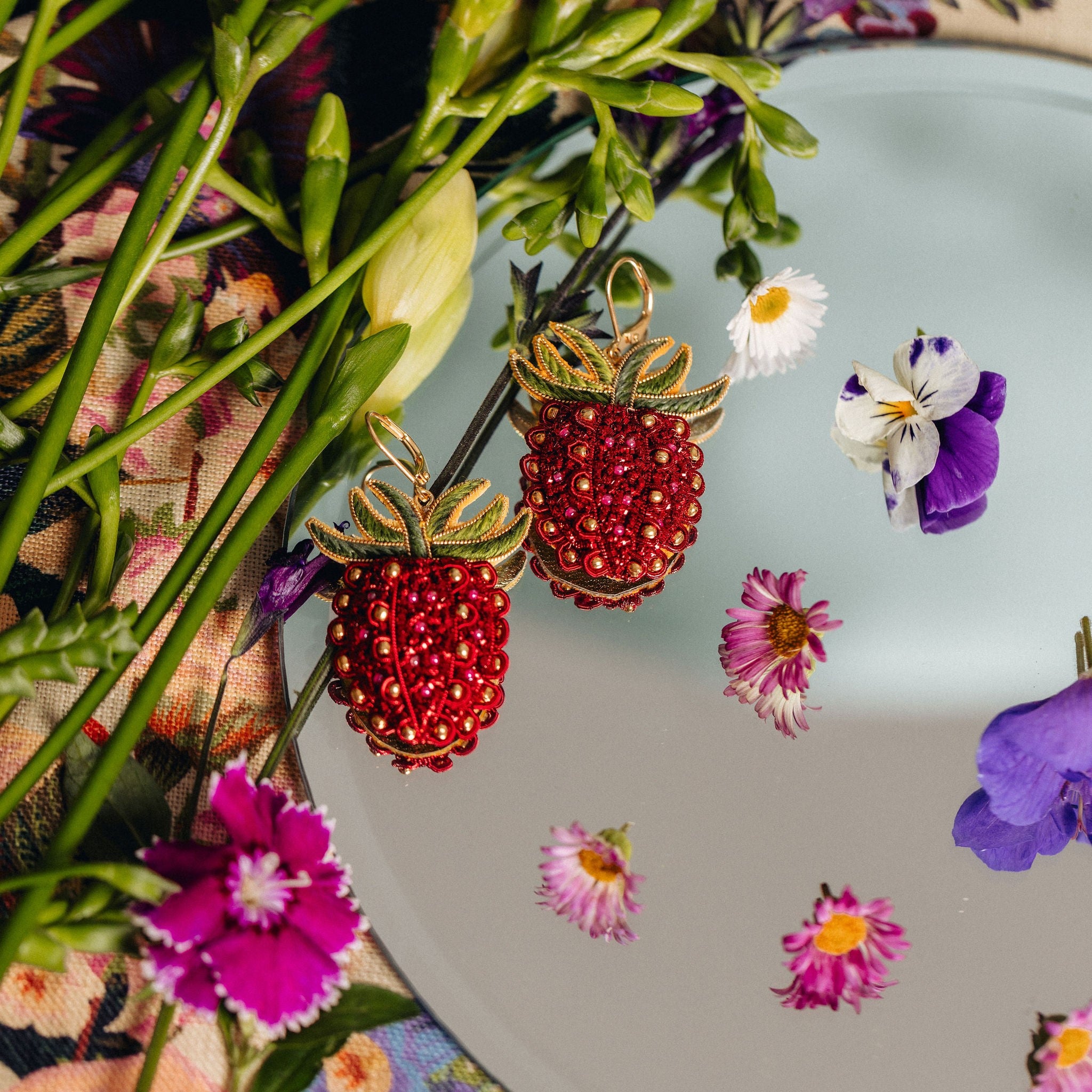 Studio Coverdale Collaboration - Strawberry Embroidered Goldwork Earrings