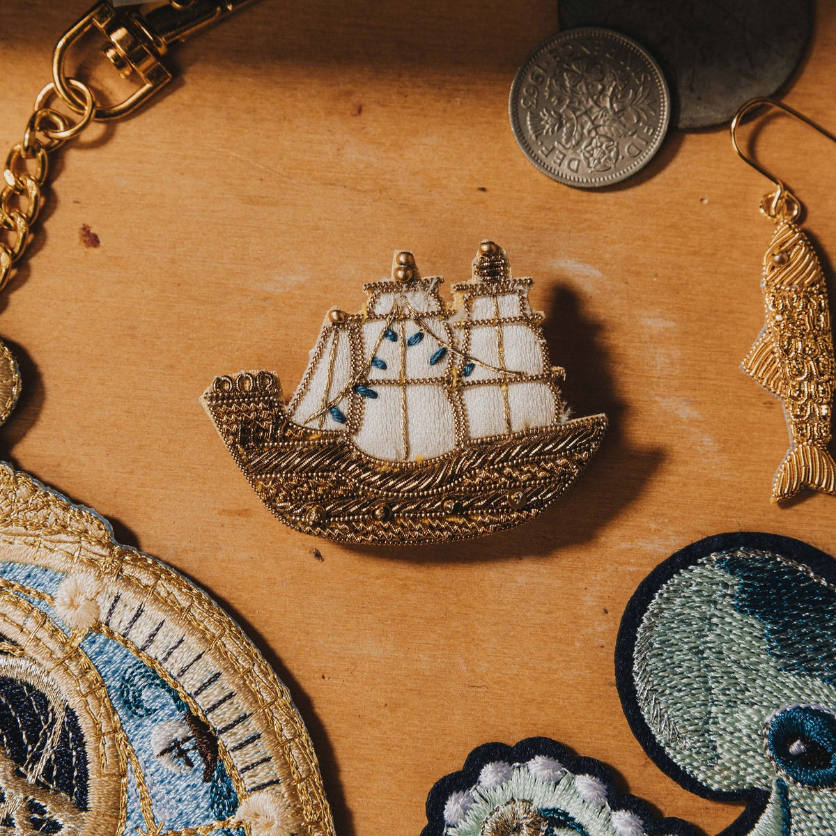 The Golden Galleon Hand Embroidered Brooch