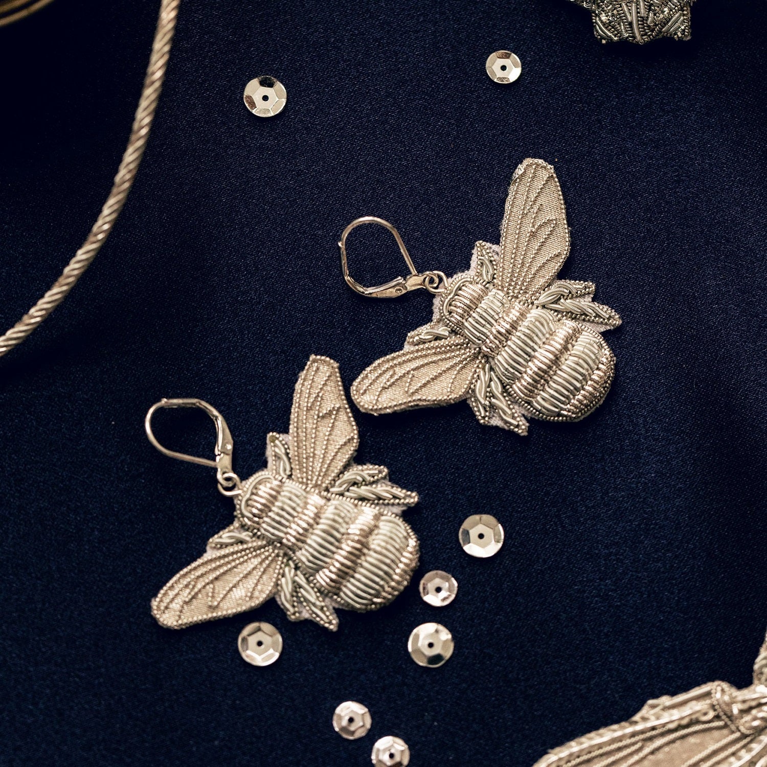 The Silver Collection Hand Embroidered Bee Earrings