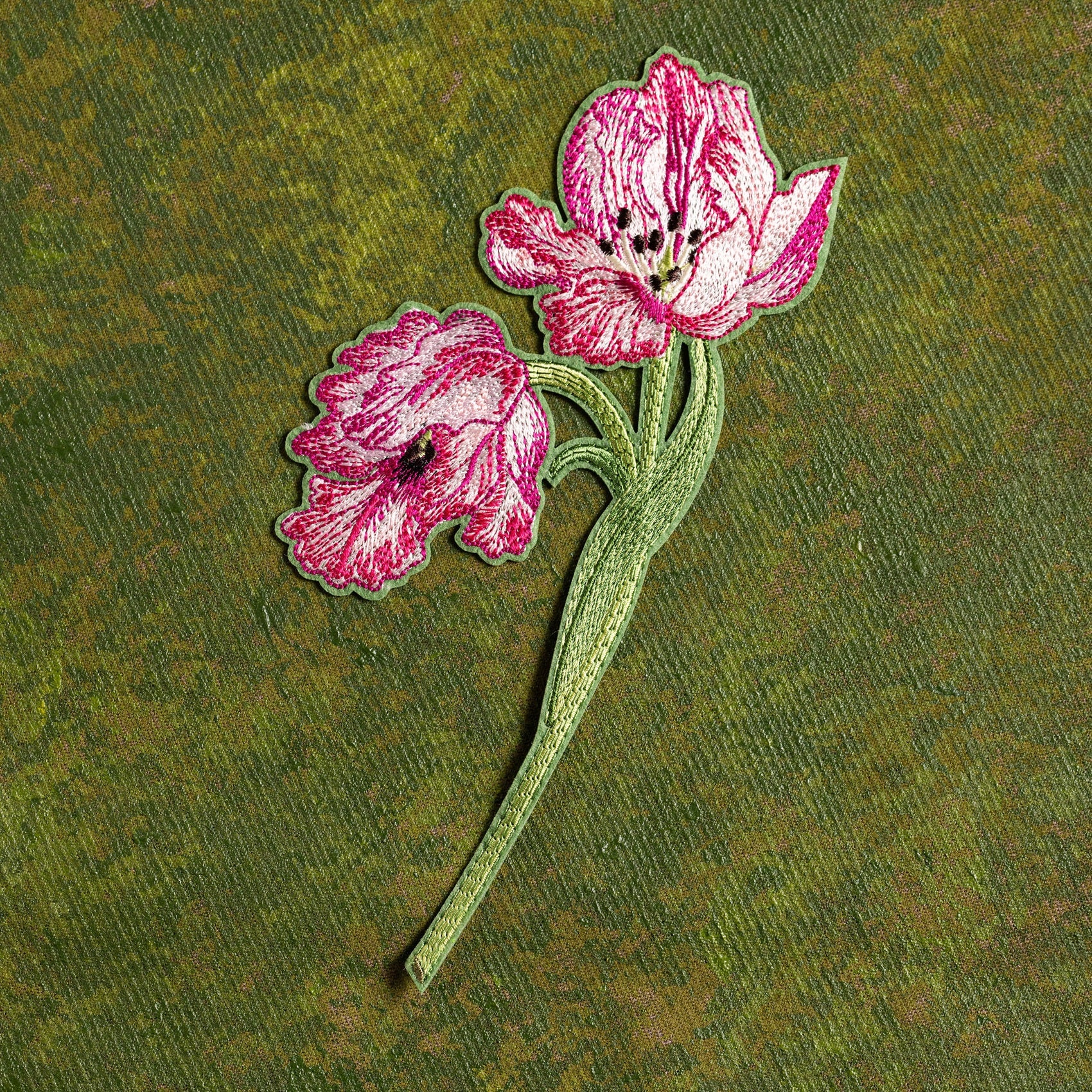 Tulip Flower Embroidered Patch - Embroidered pink flowers on a green background
