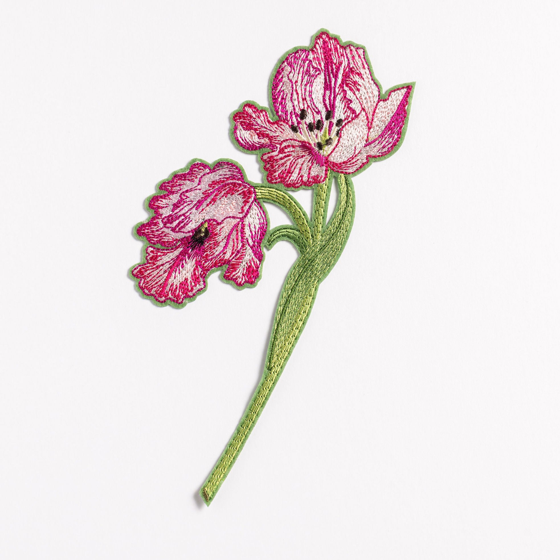 Tulip Flower Embroidered Patch - Embroidered pink tulip flower patch on a white background