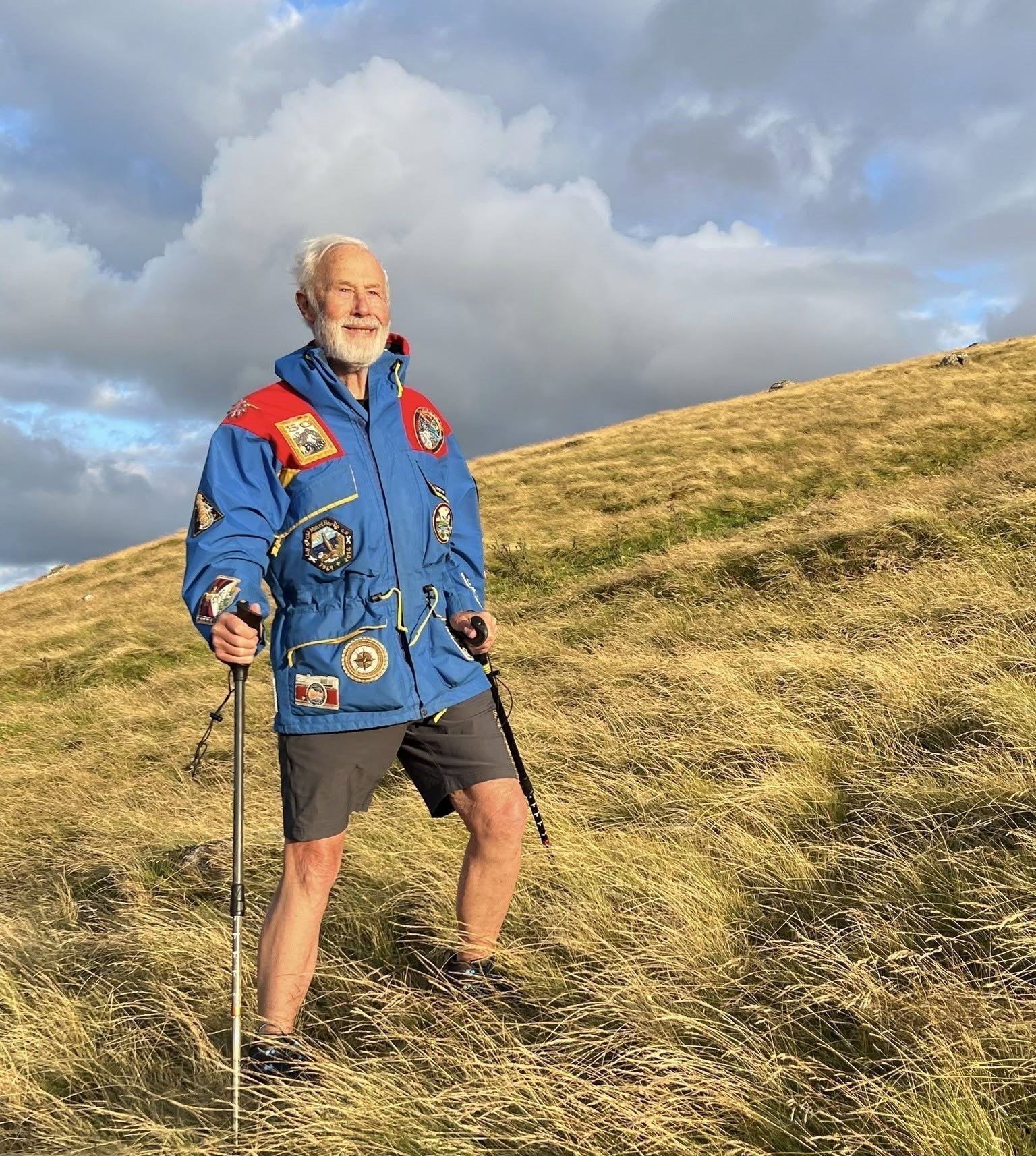 Sir Chris Bonington wearing his customised vintage Berghaus Trango jacket  with embroidered badges by Hand & Lock