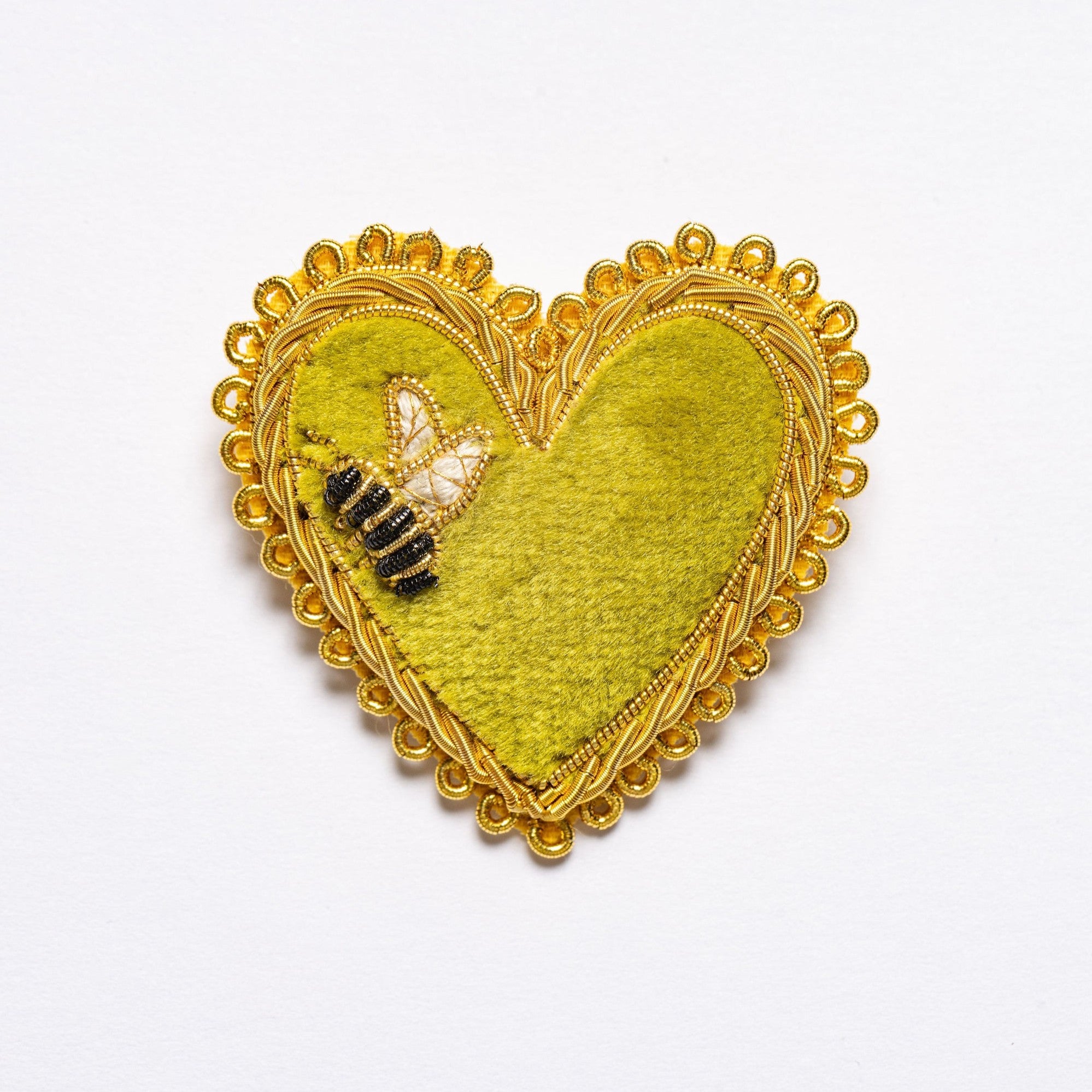 Bee Heart Brooch - Hand Embroidered brooch on a white background