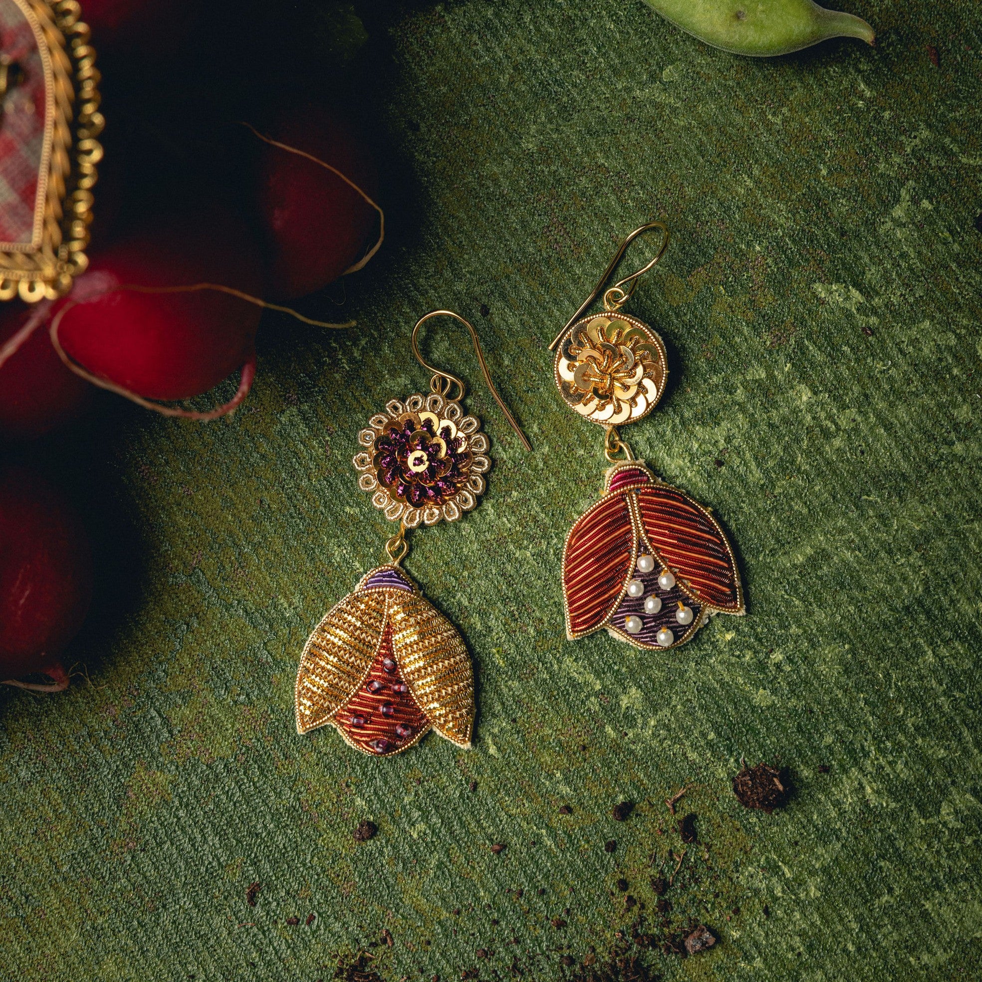 Beetle Earrings - Hand Embroidered earrings on a green background