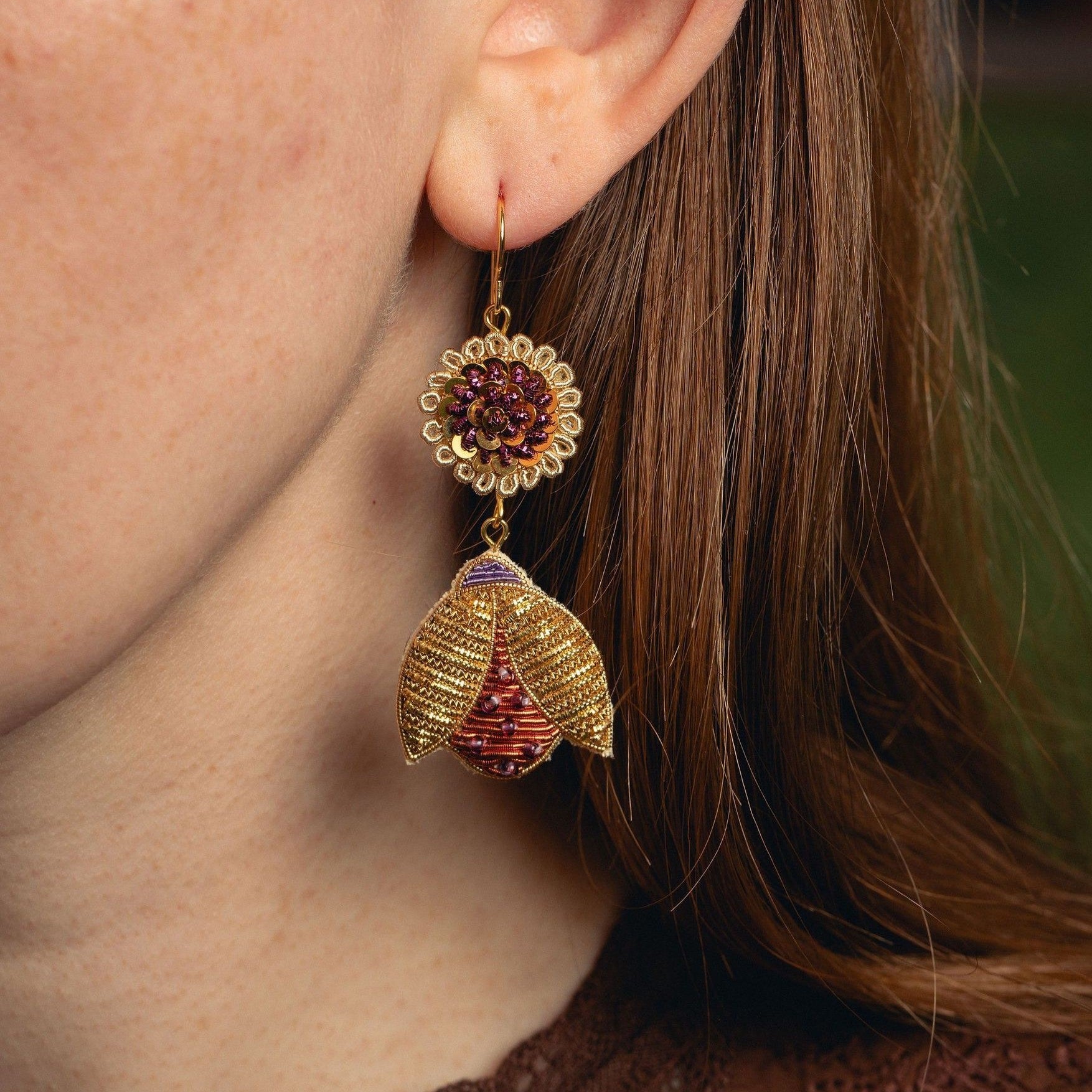 Beetle Earrings - Hand Embroidered beetle earrings being worn