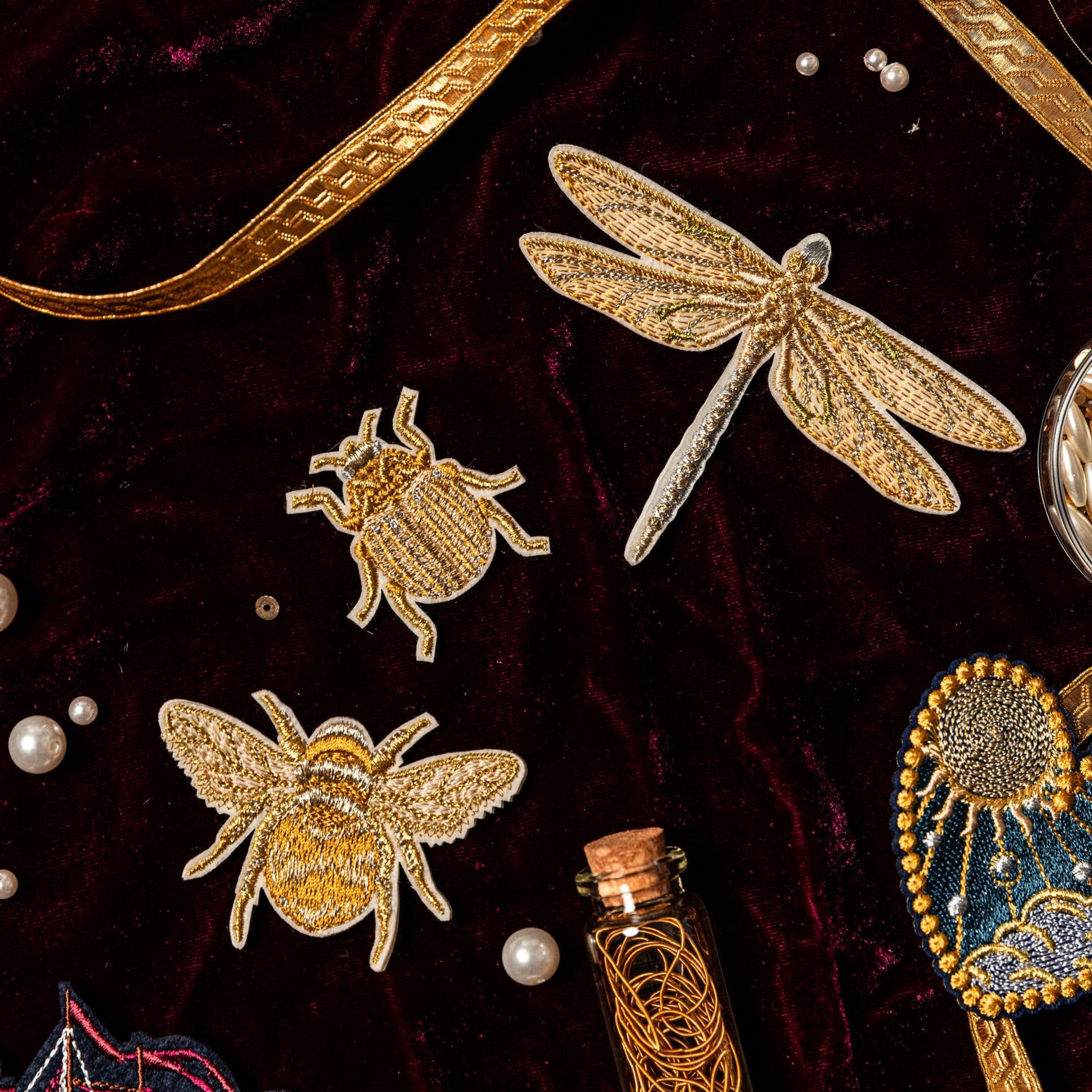 Classic Machine Embroidered Patch Collection - Golden Insect Trio Patch Set