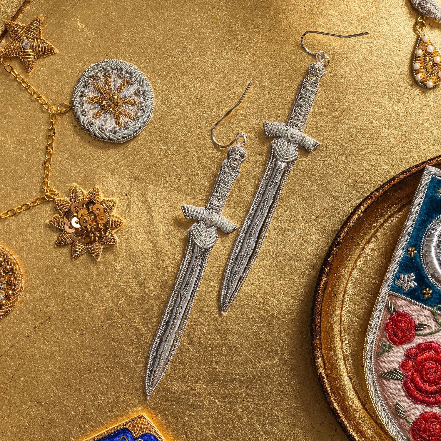 Fairytale Collection - Hand Embroidered Goldwork Dagger Earrings