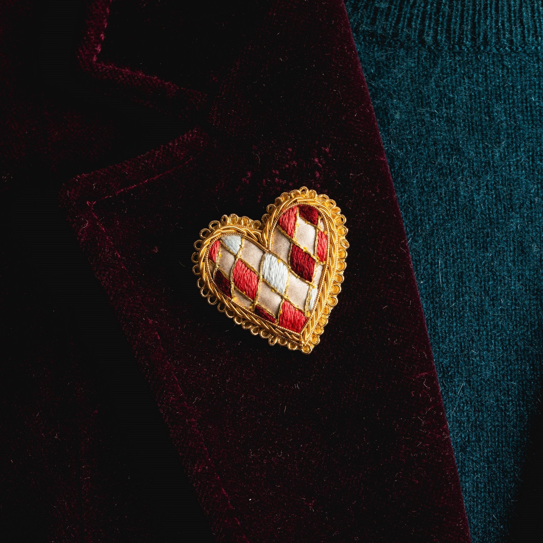 Fairytale Collection - Hand Embroidered Harlequin Heart Brooch