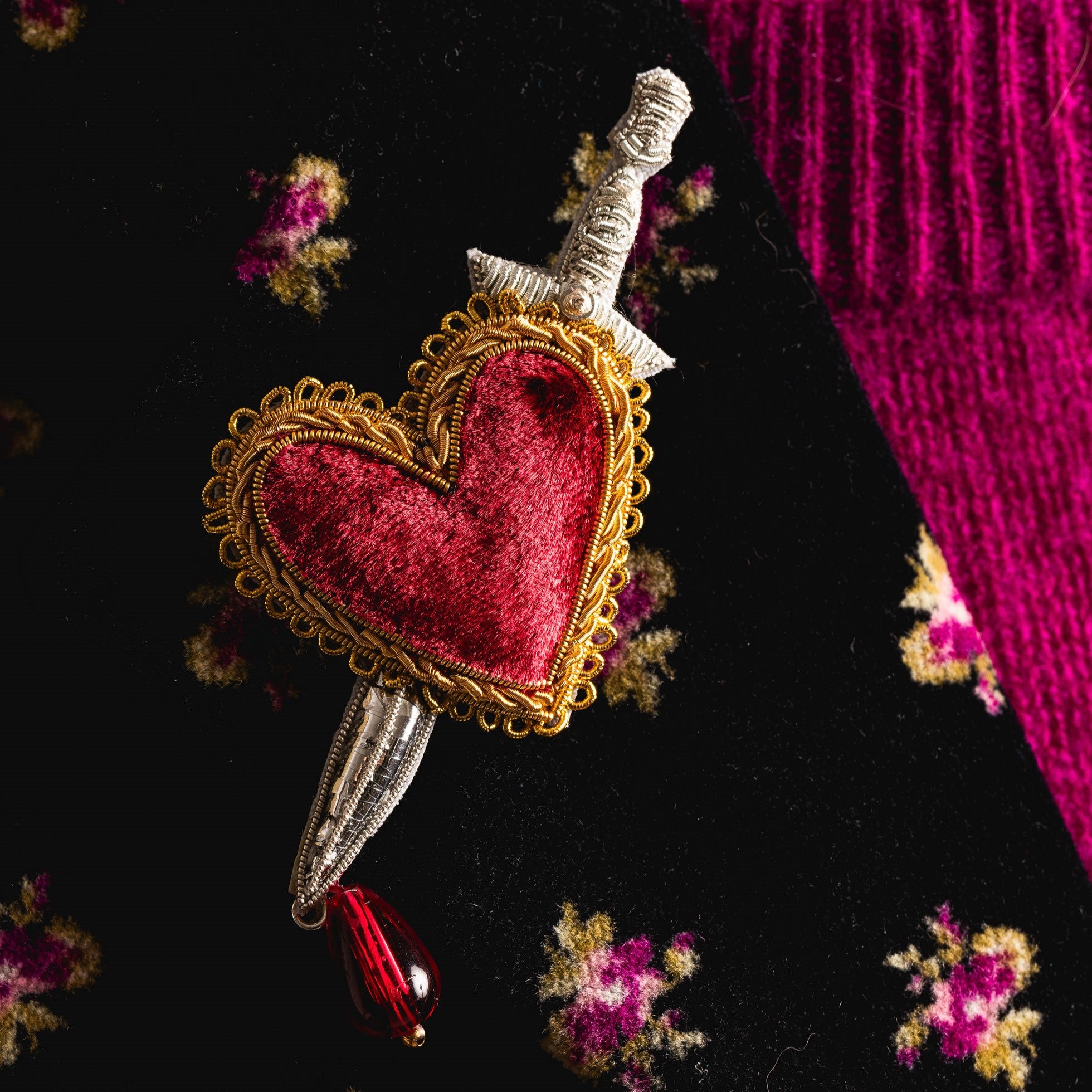 Fairytale Collection - Hand Embroidered Heart and Dagger Brooch