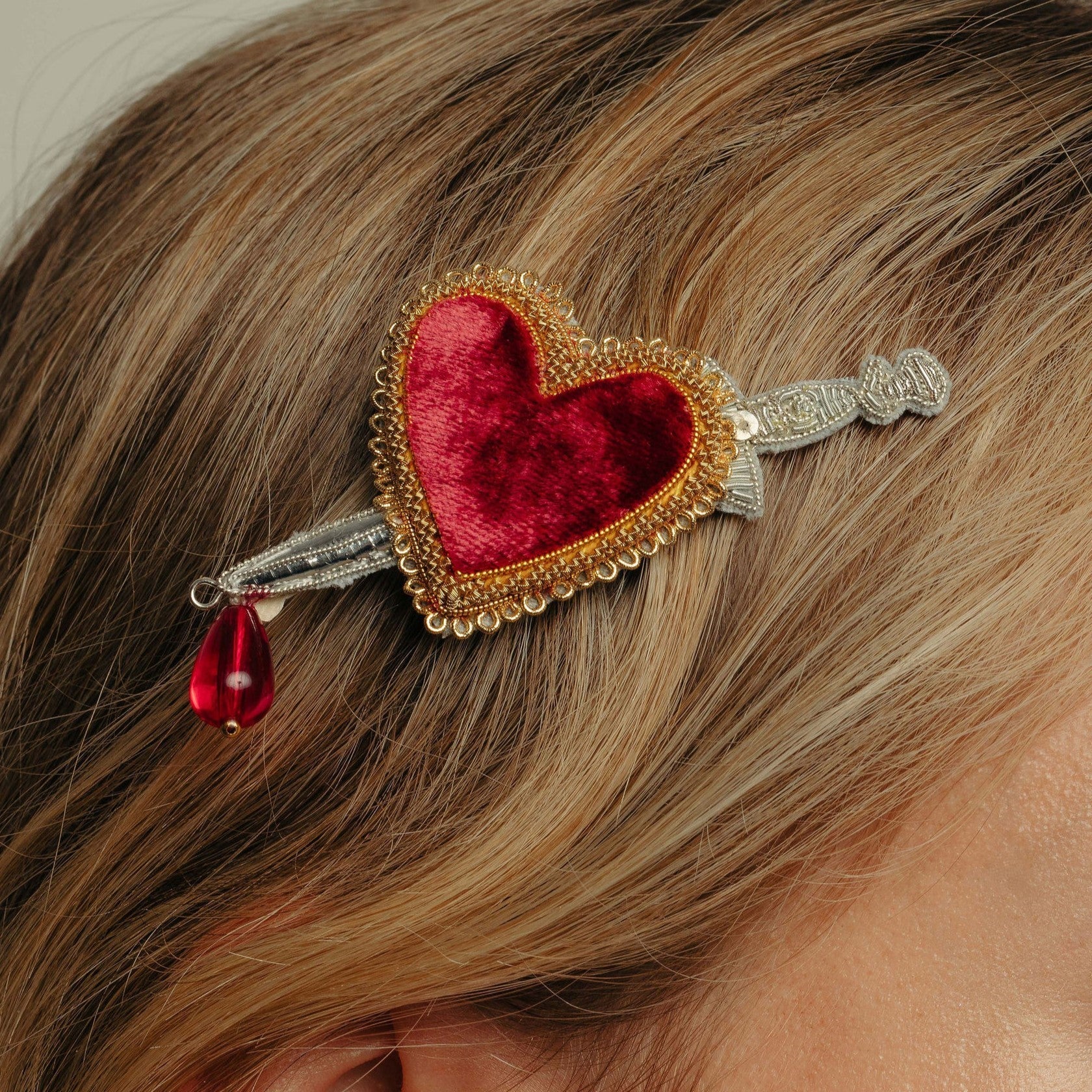 Fairytale Collection - Hand Embroidered Heart and Dagger Hair Clip 
