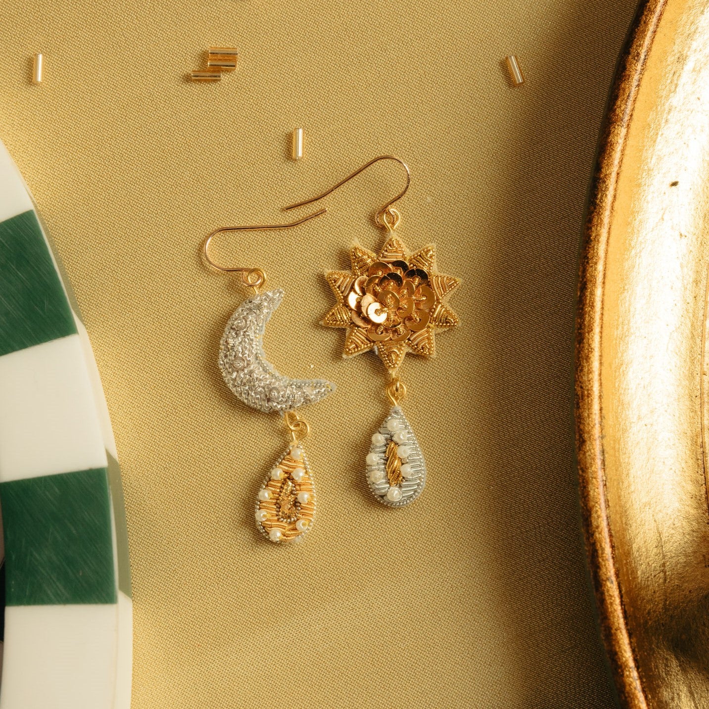 Fairytale Collection - Hand Embroidered Sun and Moon Earrings 