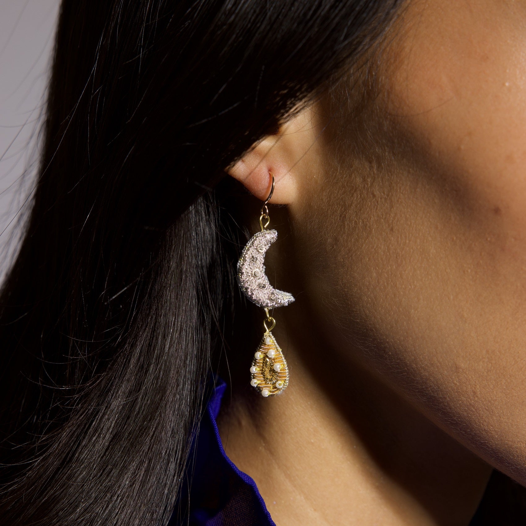 Fairytale Collection - Hand Embroidered Sun and Moon Earrings 