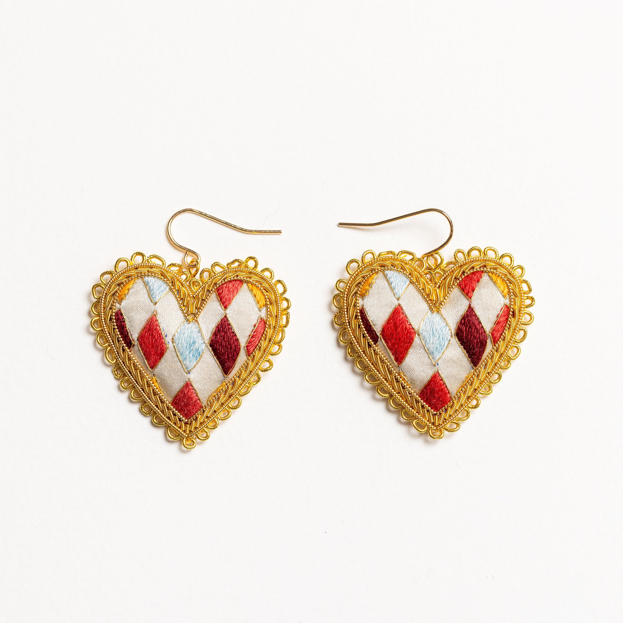 Fairytale Collection - Hand Embroidered Harlequin Heart Earrings