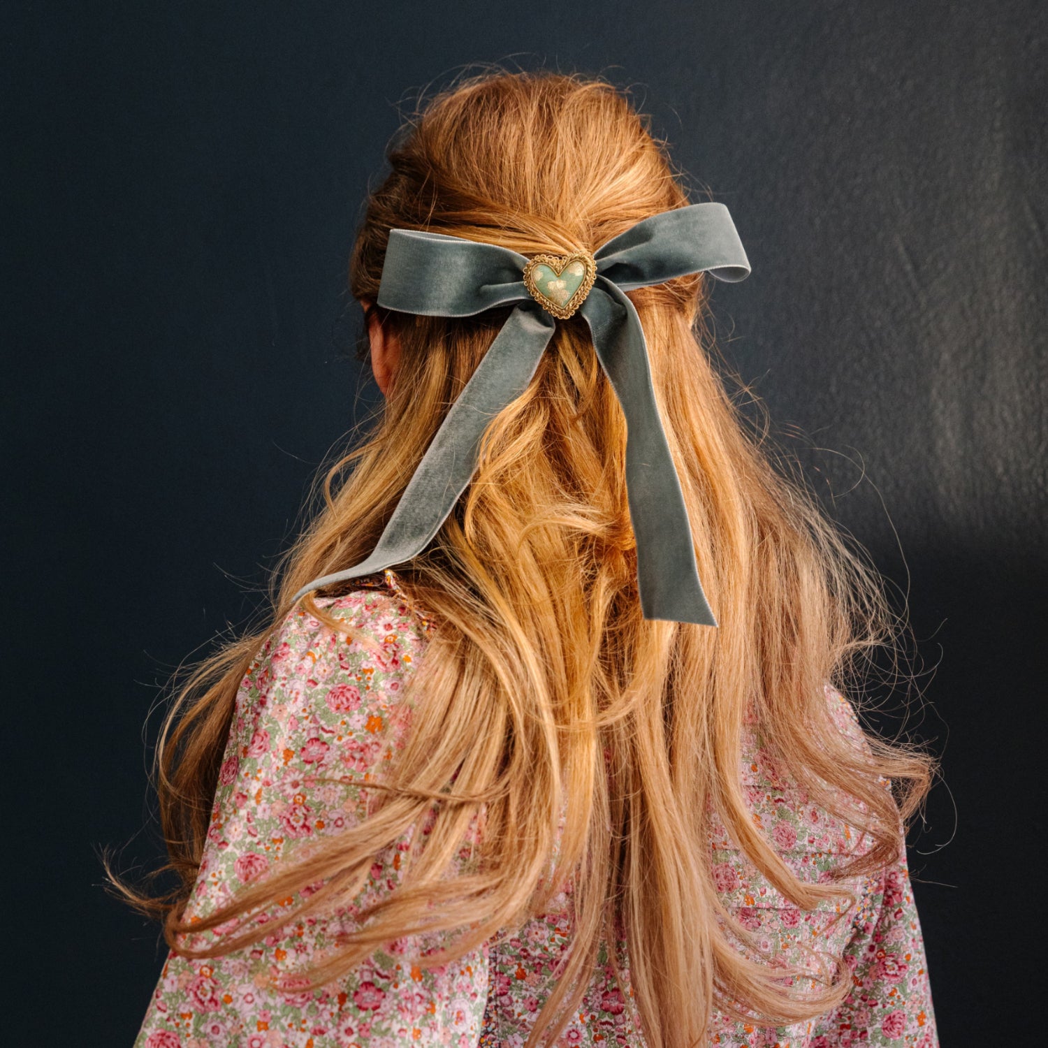 Floral Anthology - Teal & Gold Heart Hair Bow