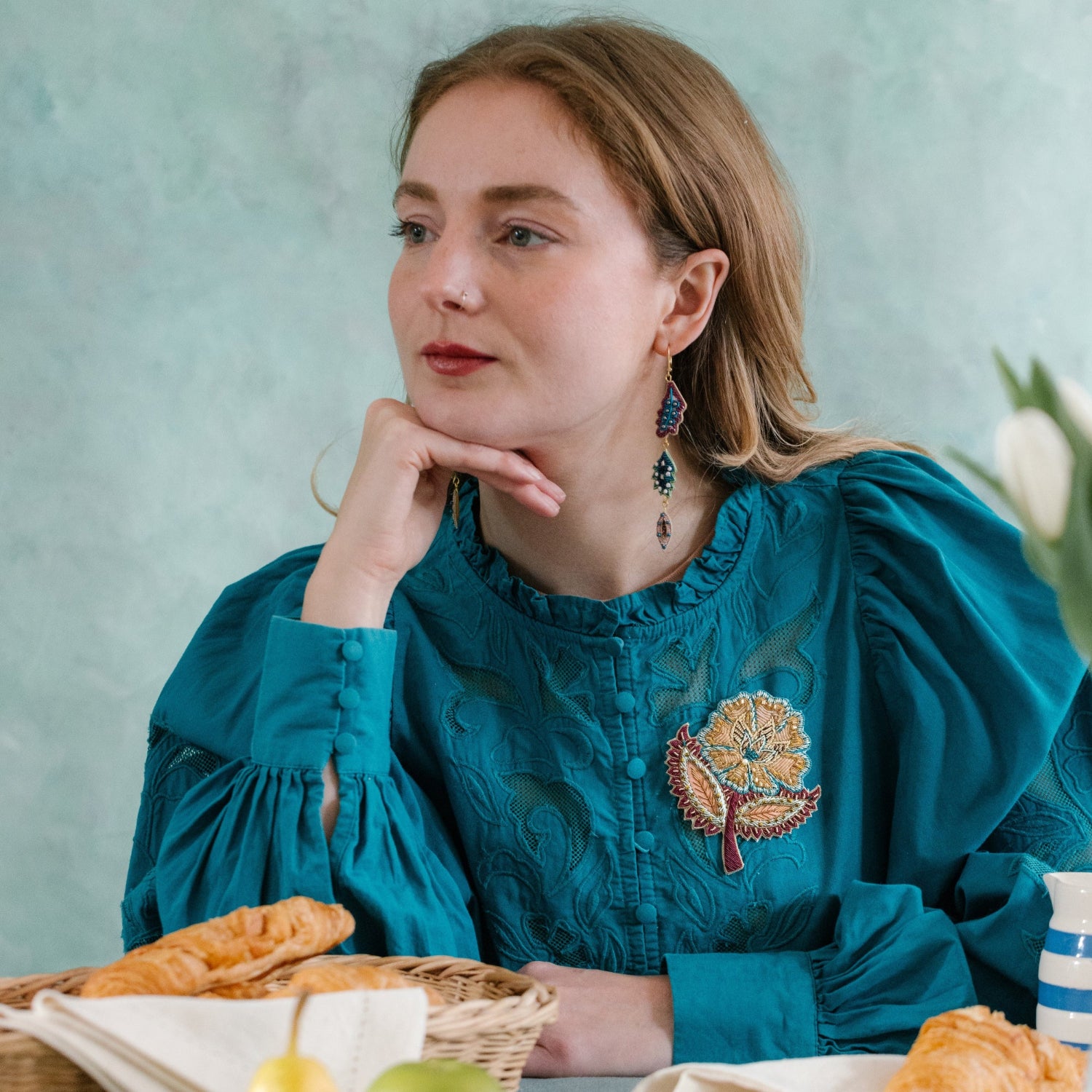 Floral Anthology Collection - Hand Embroidered Earrings and Brooch
