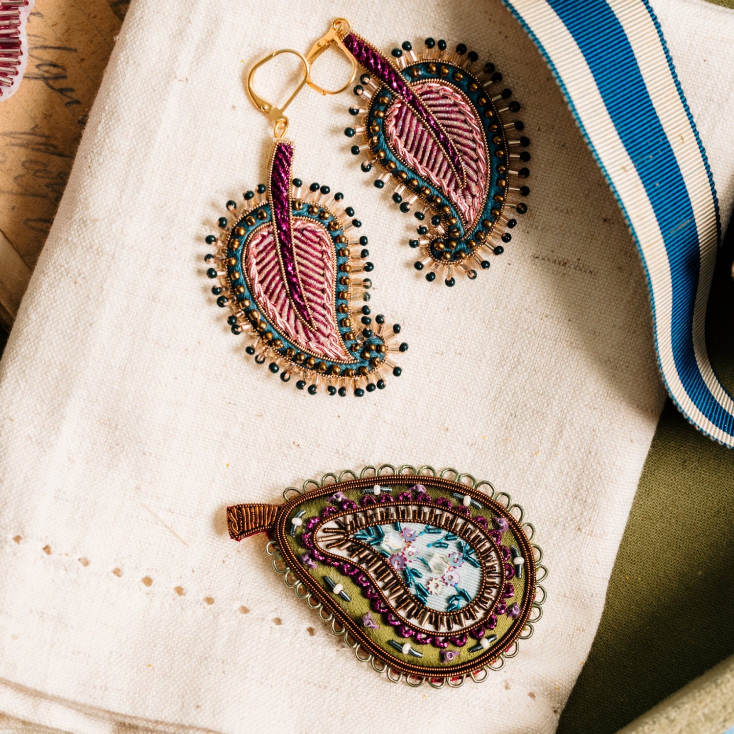 Floral Anthology Collection - Hand Embroidered Goldwork Brooches and Earrings